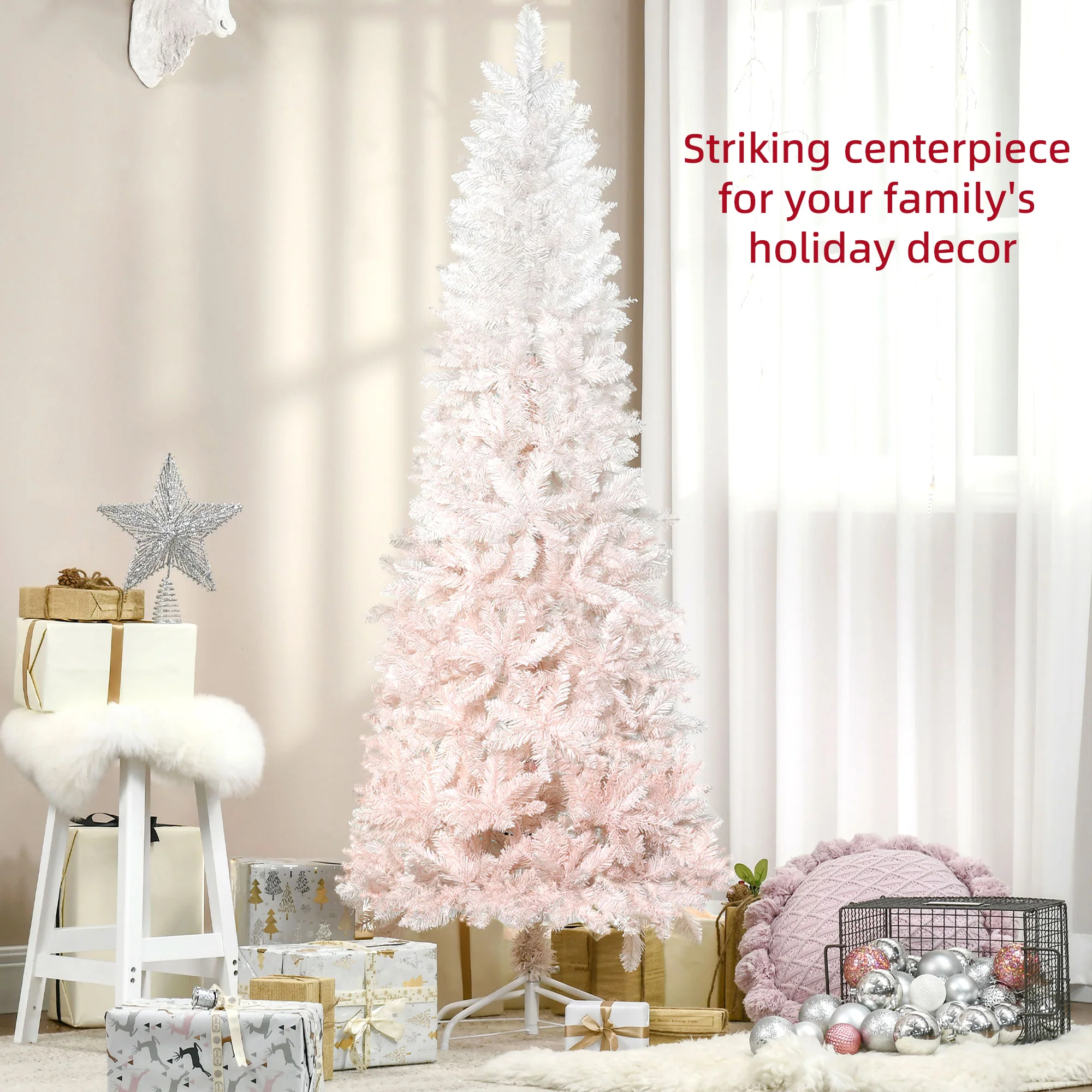 6' Unlit Pencil Fir Artificial Tree with Realistic Branches & Steel Base, Pink & White - Image 4