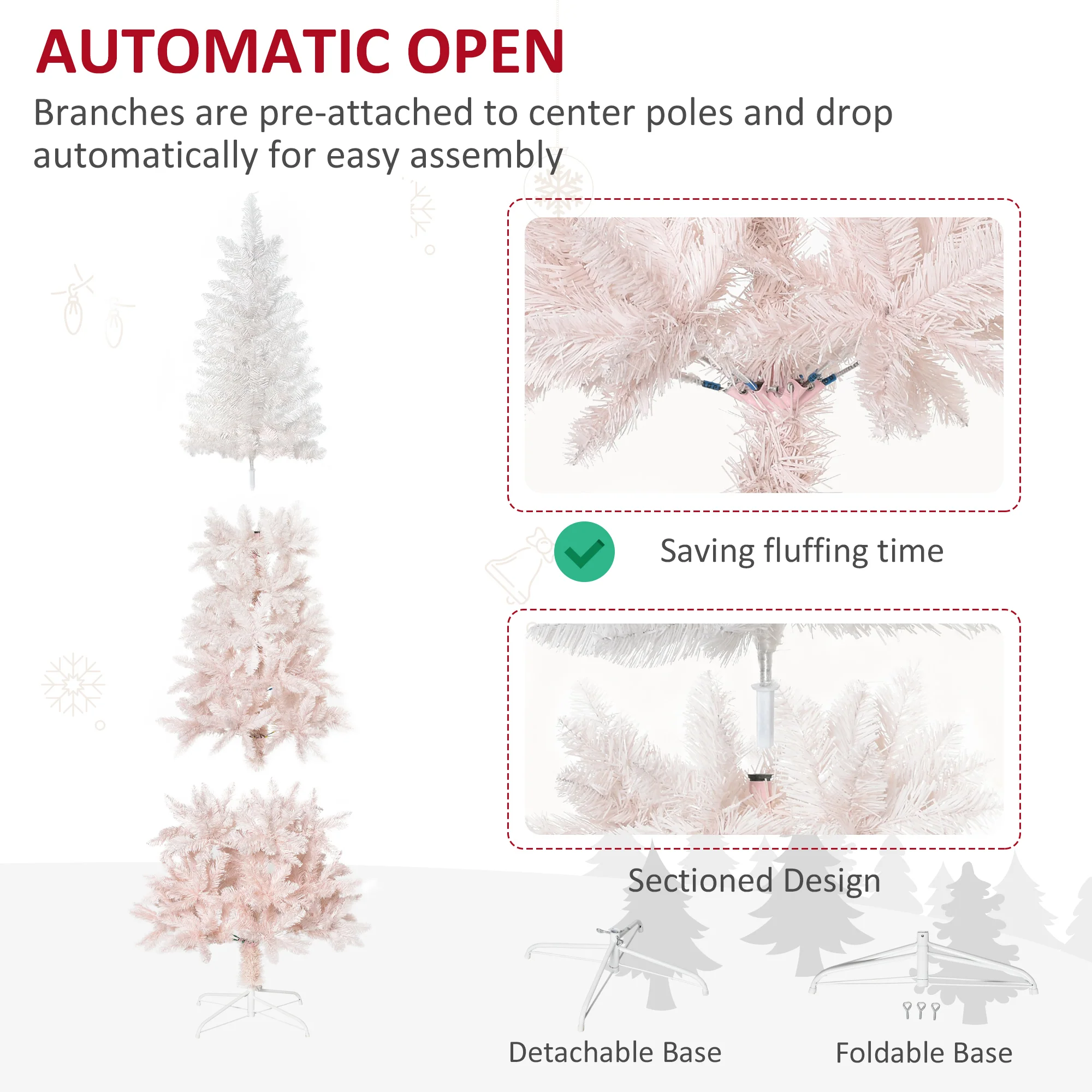 6' Unlit Pencil Fir Artificial Tree with Realistic Branches & Steel Base, Pink & White - Image 7
