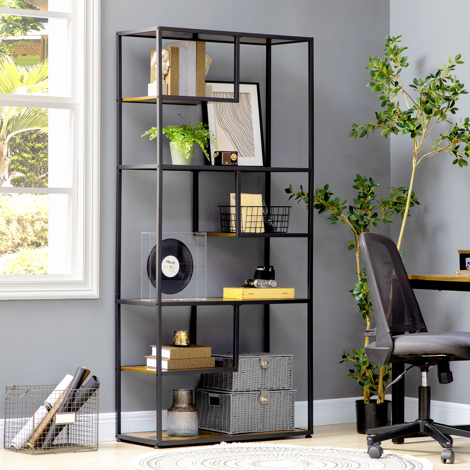 6 Tier Industrial Display Shelf, Standing Storage Shelf, 34 x 83 x 180cm, Rustic Brown - Image 4