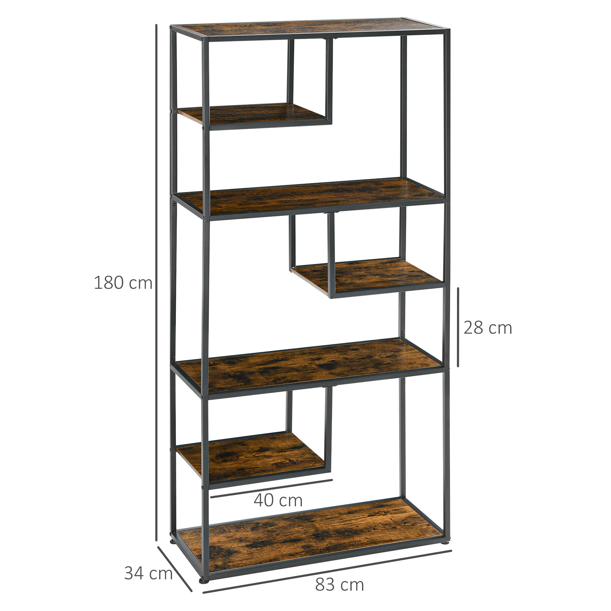6 Tier Industrial Display Shelf, Standing Storage Shelf, 34 x 83 x 180cm, Rustic Brown - Image 5