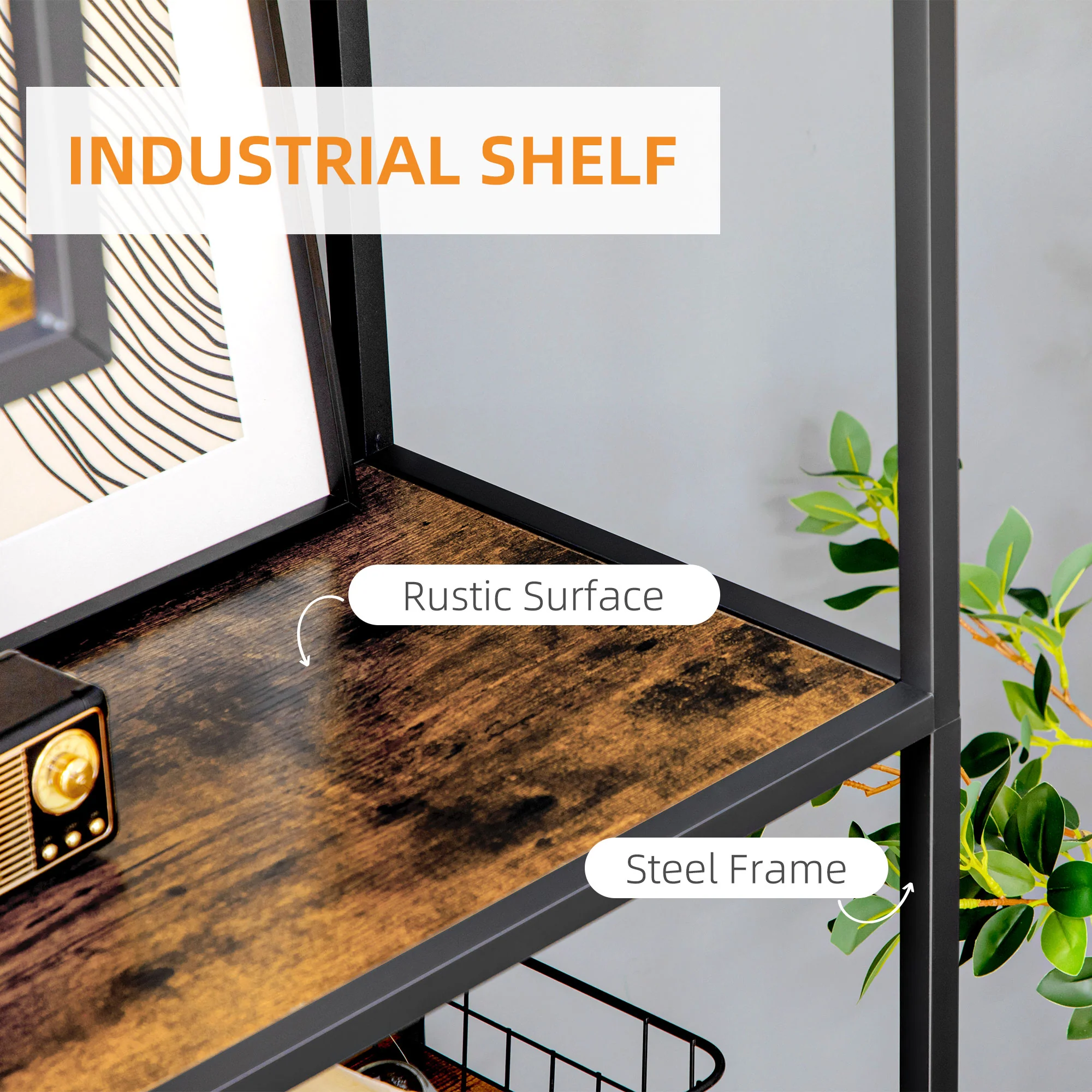 6 Tier Industrial Display Shelf, Standing Storage Shelf, 34 x 83 x 180cm, Rustic Brown - Image 6
