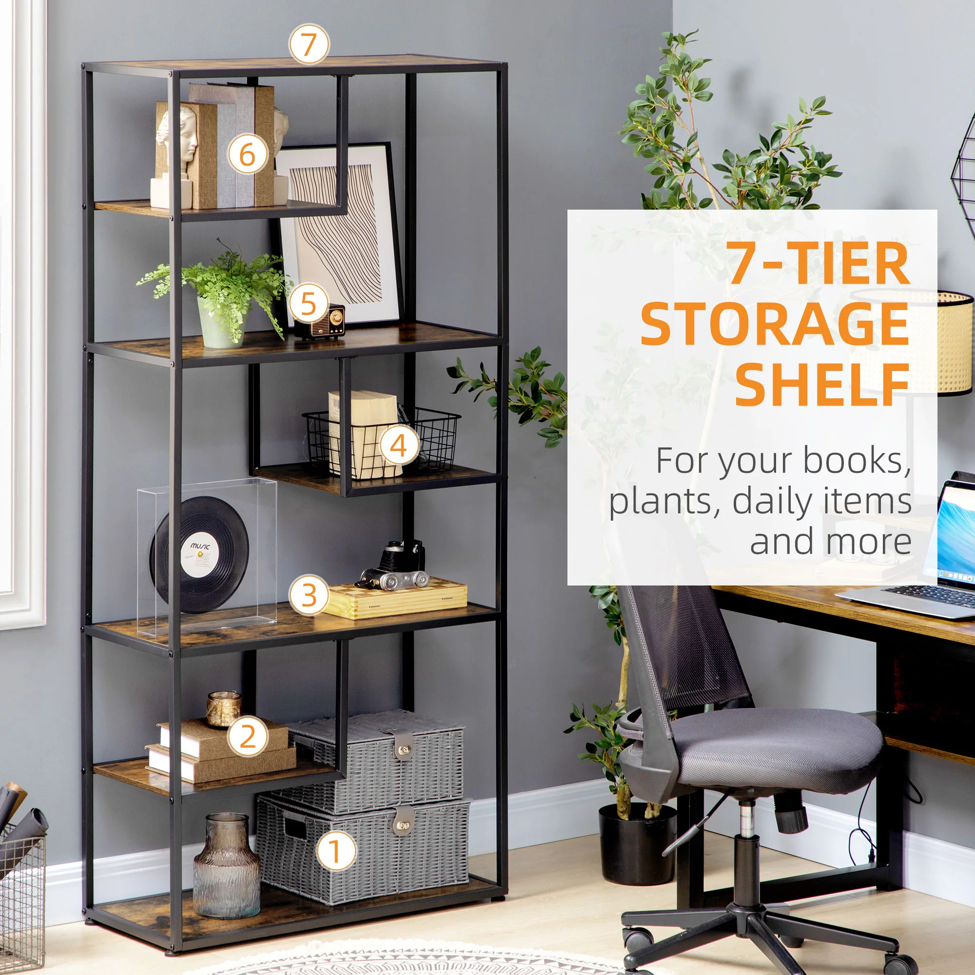 6 Tier Industrial Display Shelf, Standing Storage Shelf, 34 x 83 x 180cm, Rustic Brown - Image 7