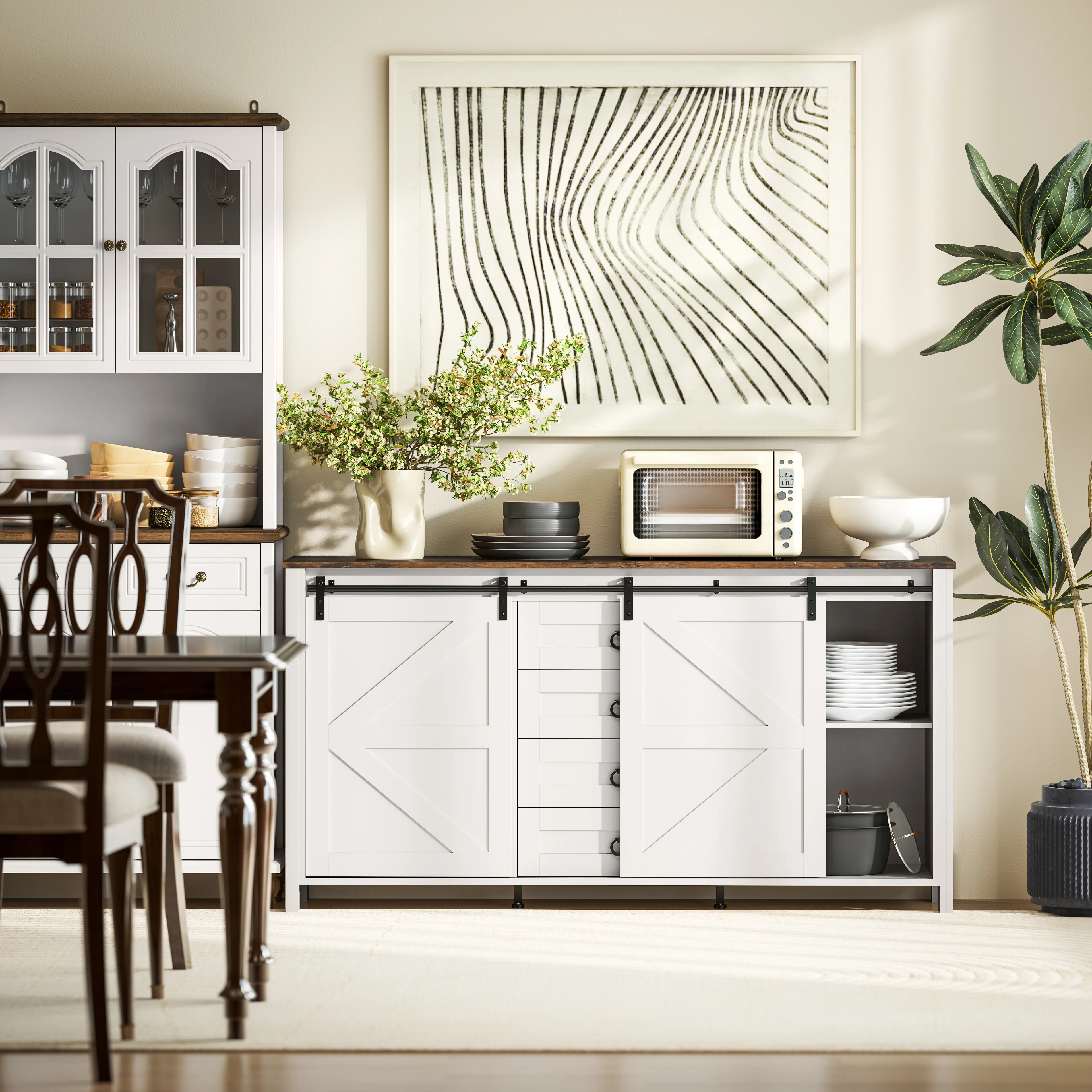 60" Sideboard Buffet Cabinet w/ 2 Barn Doors, 4 Drawers & 2 Adjustable Shelves, Cream White - Image 11