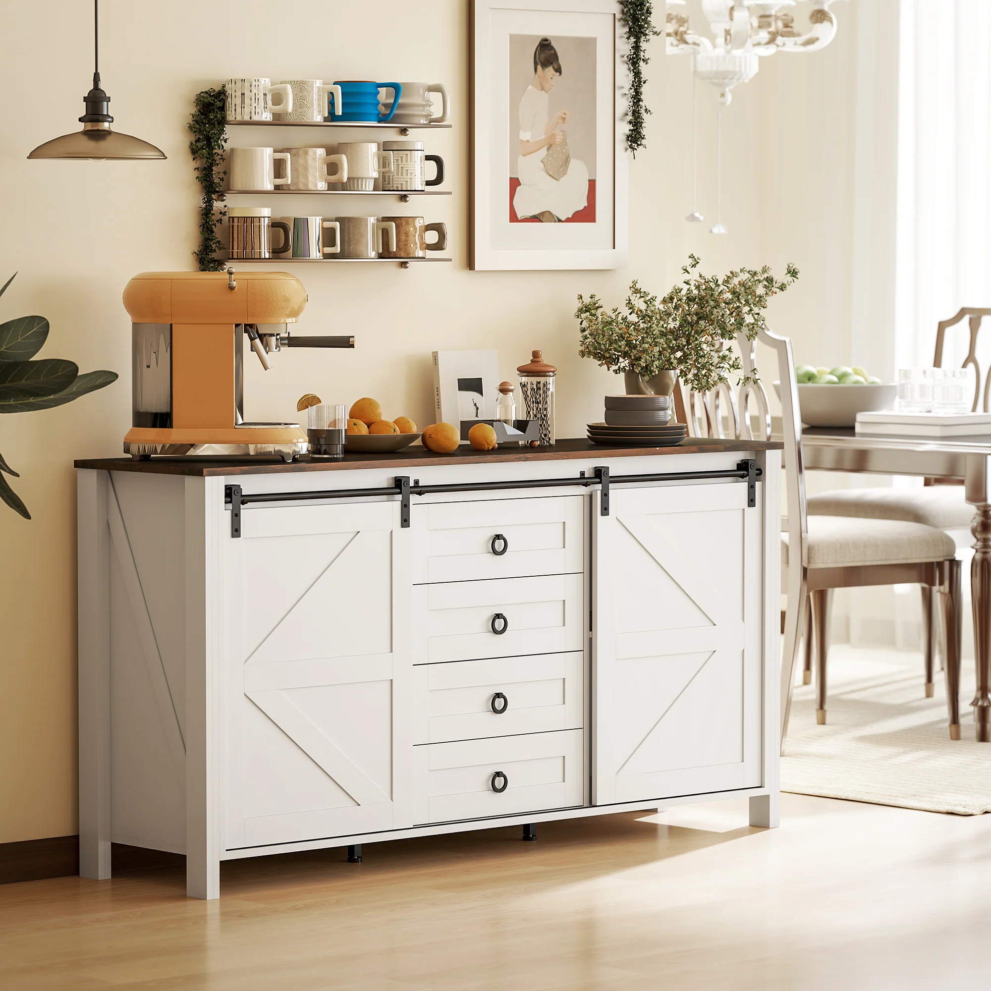 60" Sideboard Buffet Cabinet w/ 2 Barn Doors, 4 Drawers & 2 Adjustable Shelves, Cream White - Image 12