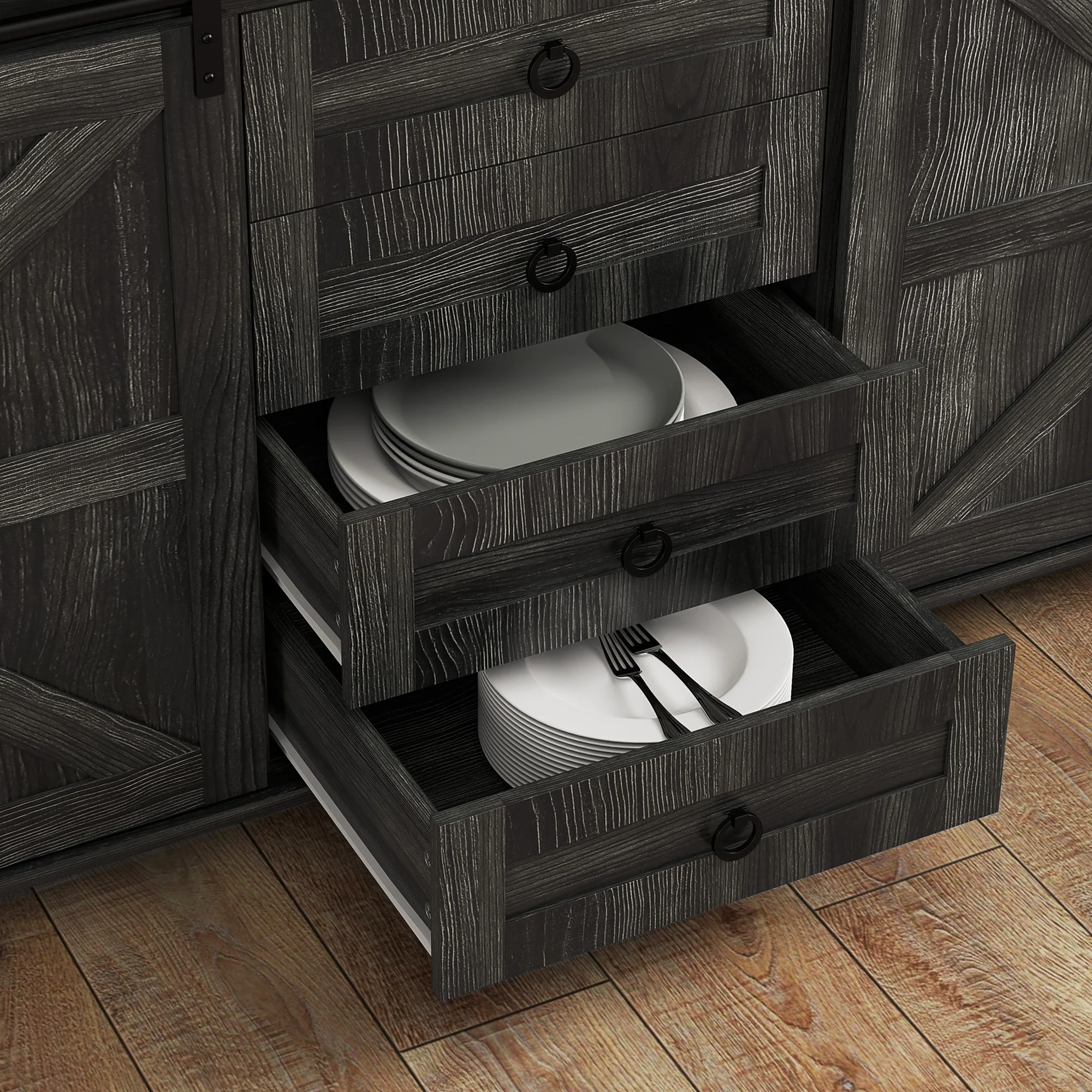 60" Sideboard Buffet Cabinet w/ 2 Barn Doors, 4 Drawers & 2 Adjustable Shelves, Dark Grey - Image 11