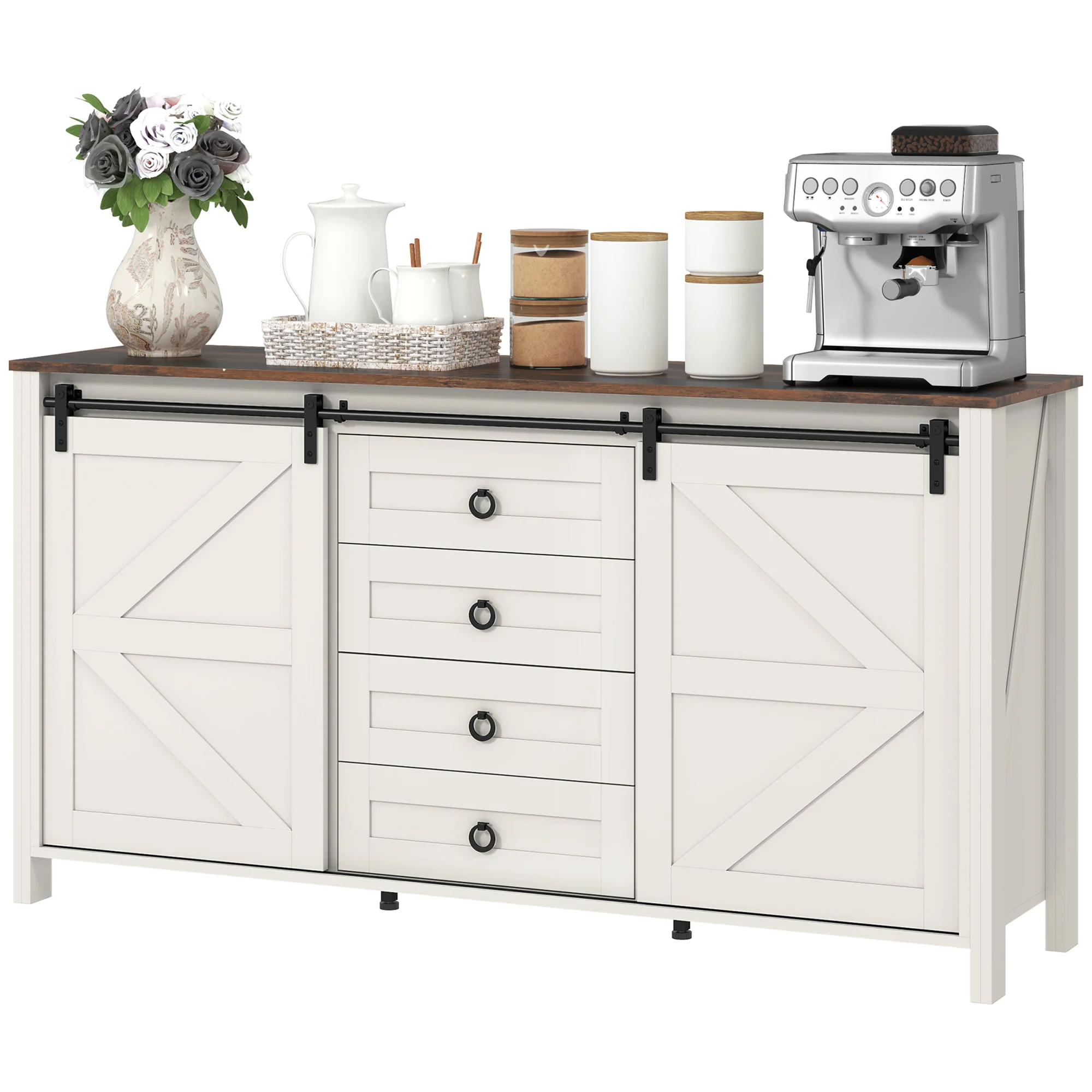 60" Sideboard Buffet Cabinet w/ 2 Barn Doors, 4 Drawers & 2 Adjustable Shelves, Cream White - Image 2