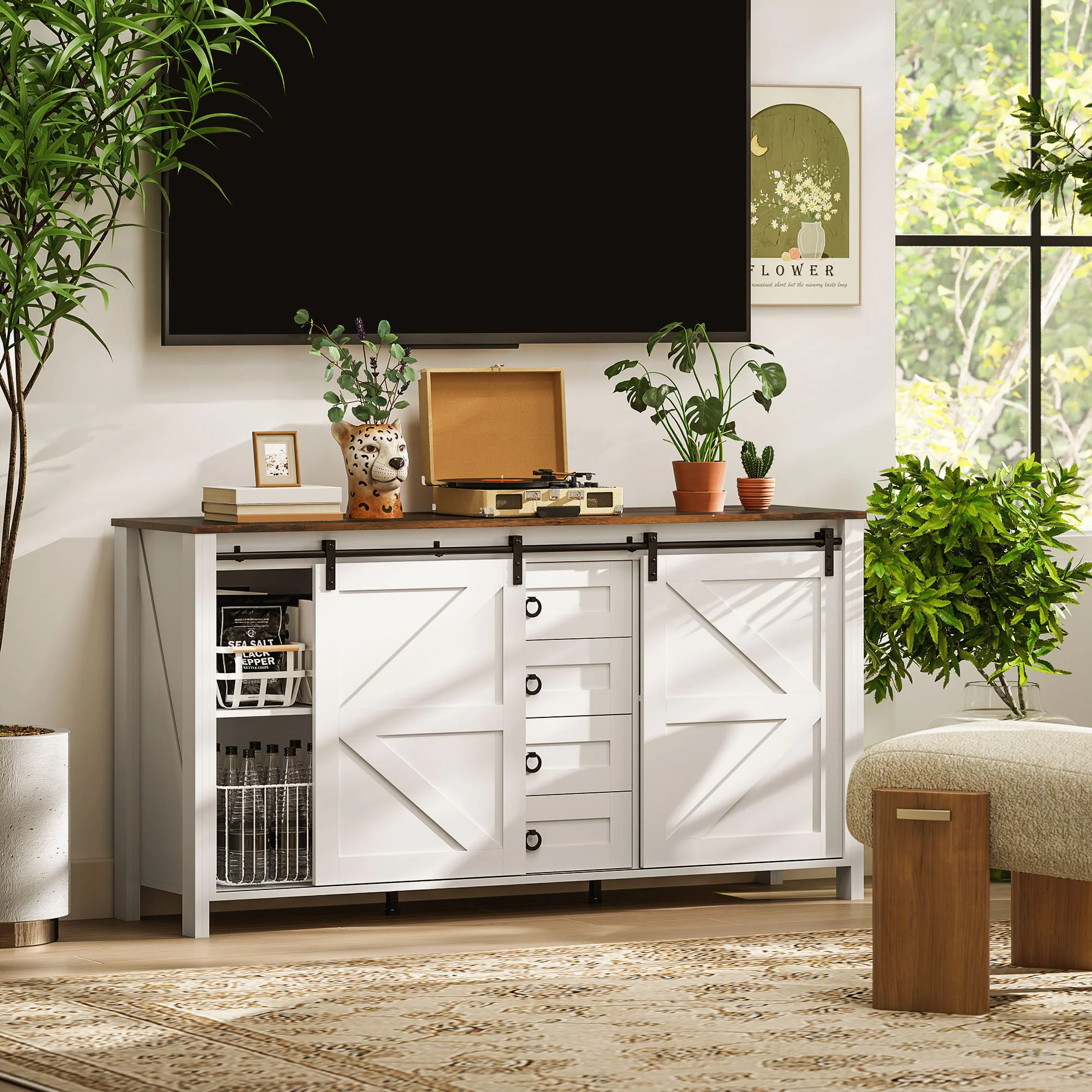 60" Sideboard Buffet Cabinet w/ 2 Barn Doors, 4 Drawers & 2 Adjustable Shelves, Cream White - Image 3