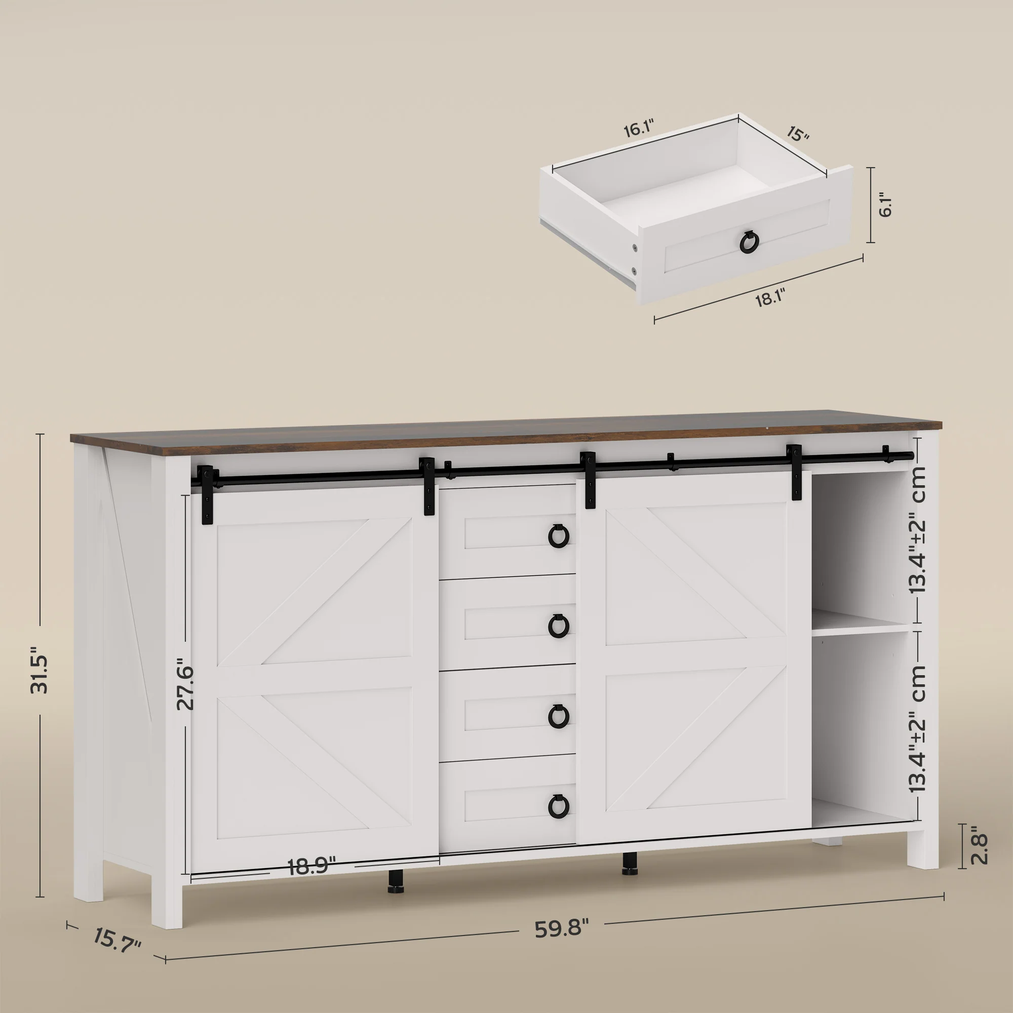 60" Sideboard Buffet Cabinet w/ 2 Barn Doors, 4 Drawers & 2 Adjustable Shelves, Cream White - Image 5