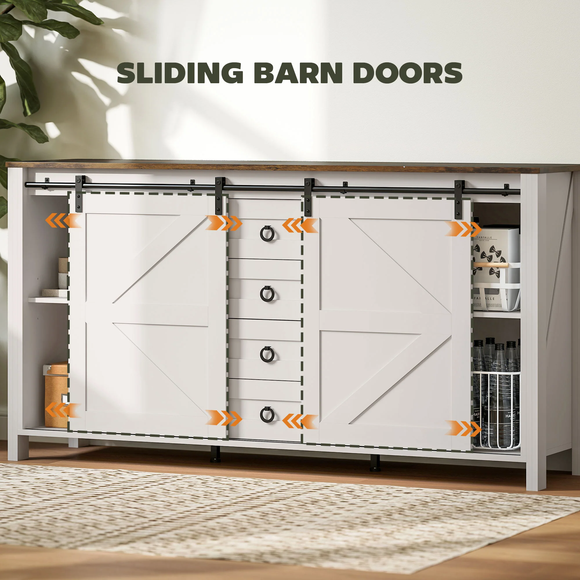 60" Sideboard Buffet Cabinet w/ 2 Barn Doors, 4 Drawers & 2 Adjustable Shelves, Cream White - Image 7