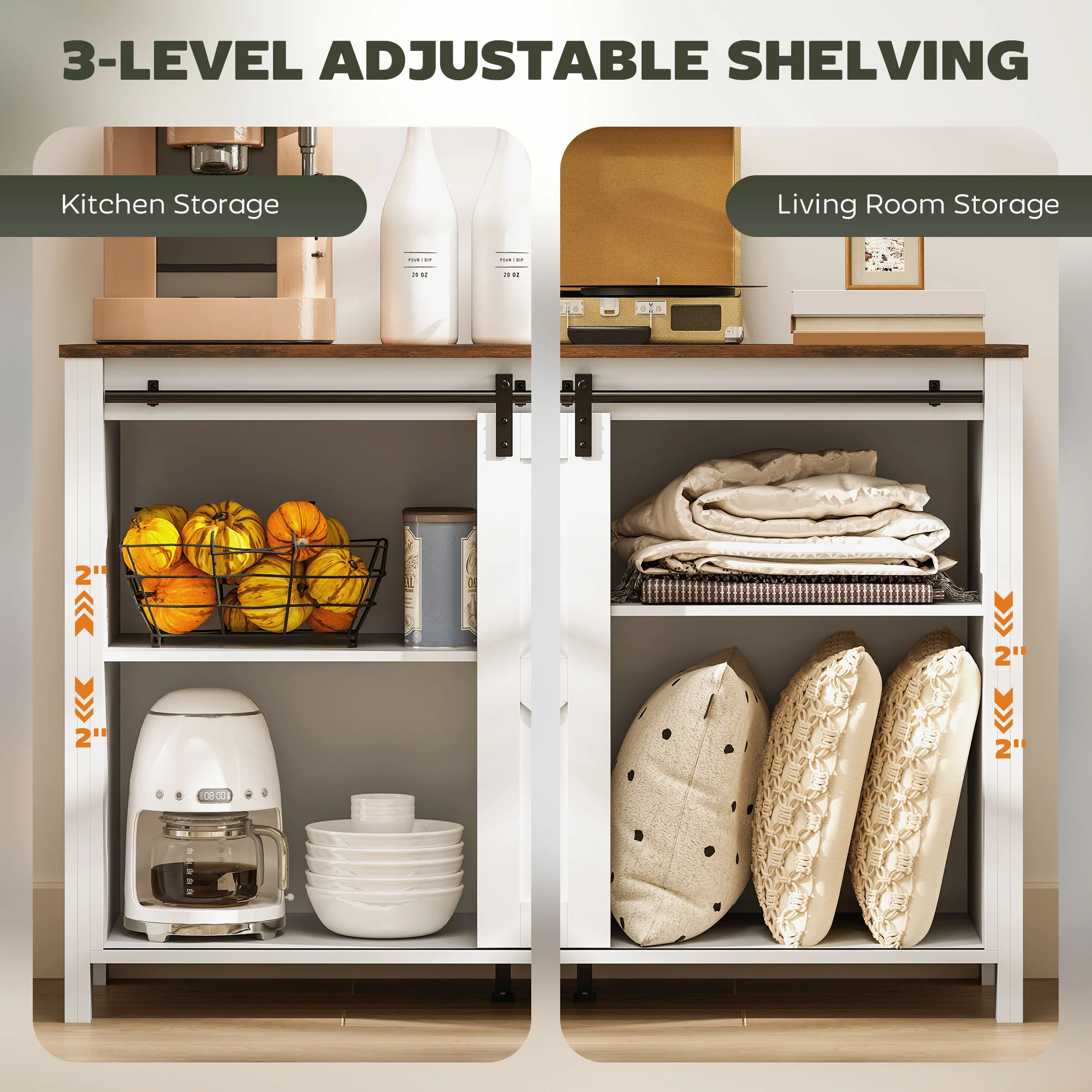 60" Sideboard Buffet Cabinet w/ 2 Barn Doors, 4 Drawers & 2 Adjustable Shelves, Cream White - Image 8