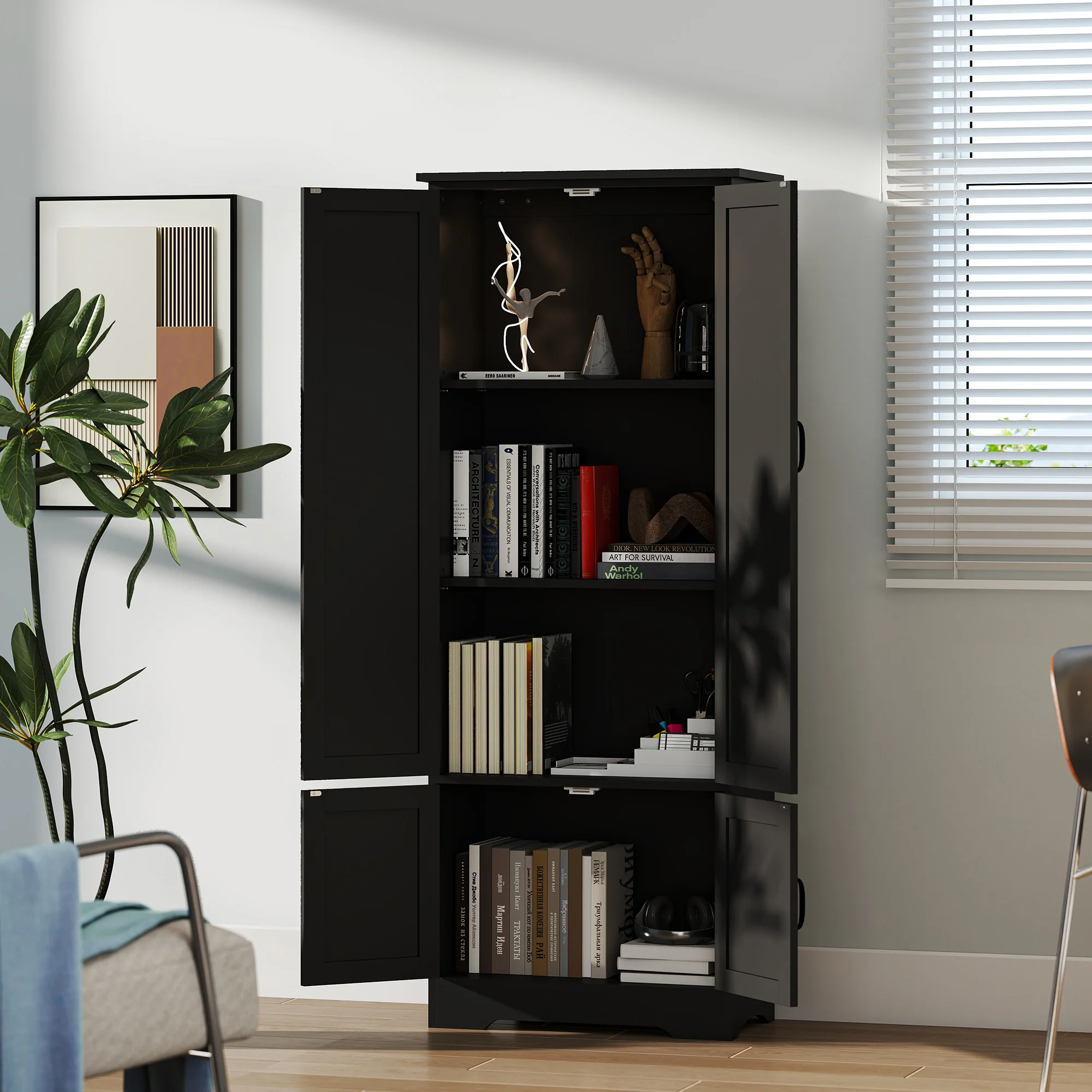 60" Freestanding Kitchen Pantry Cabinet with Adjustable Shelves and Doors, Black - Image 10