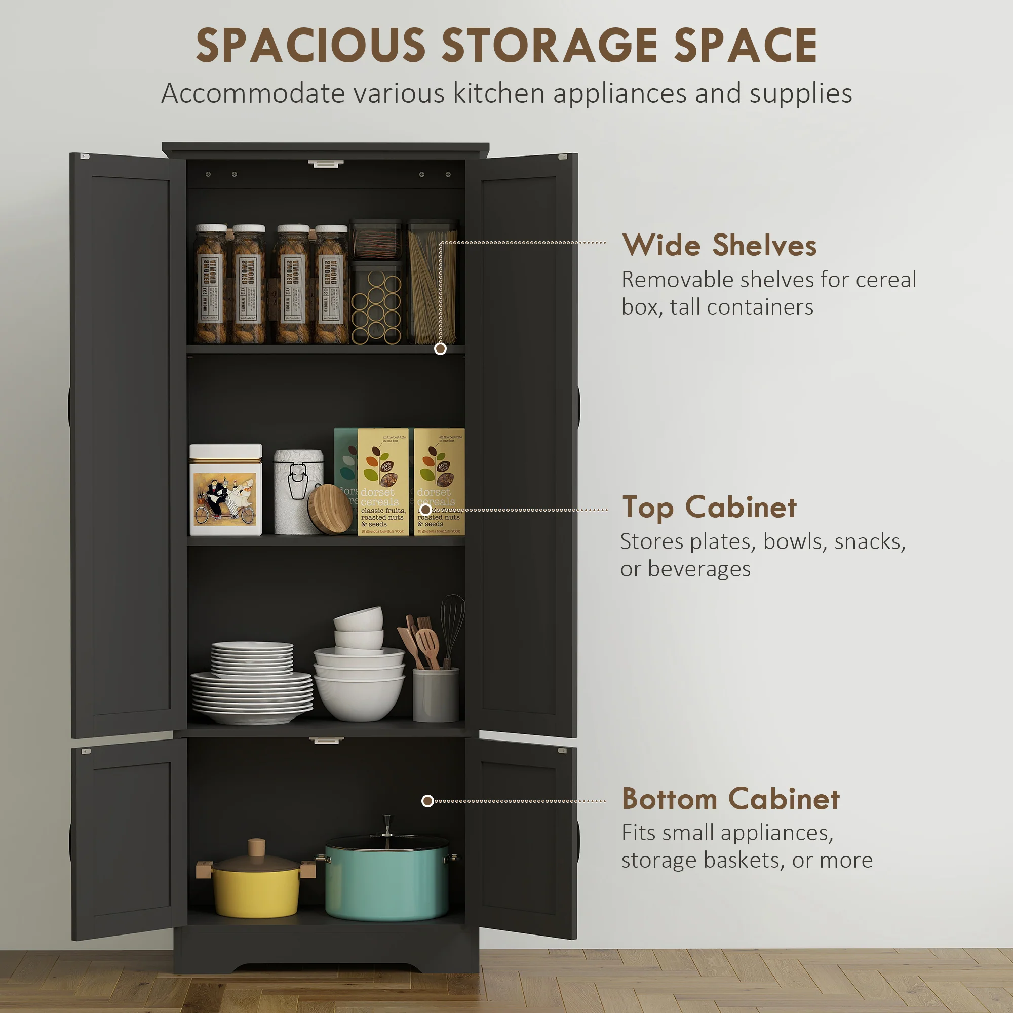60" Freestanding Kitchen Pantry Cabinet with Adjustable Shelves and Doors, Black - Image 6