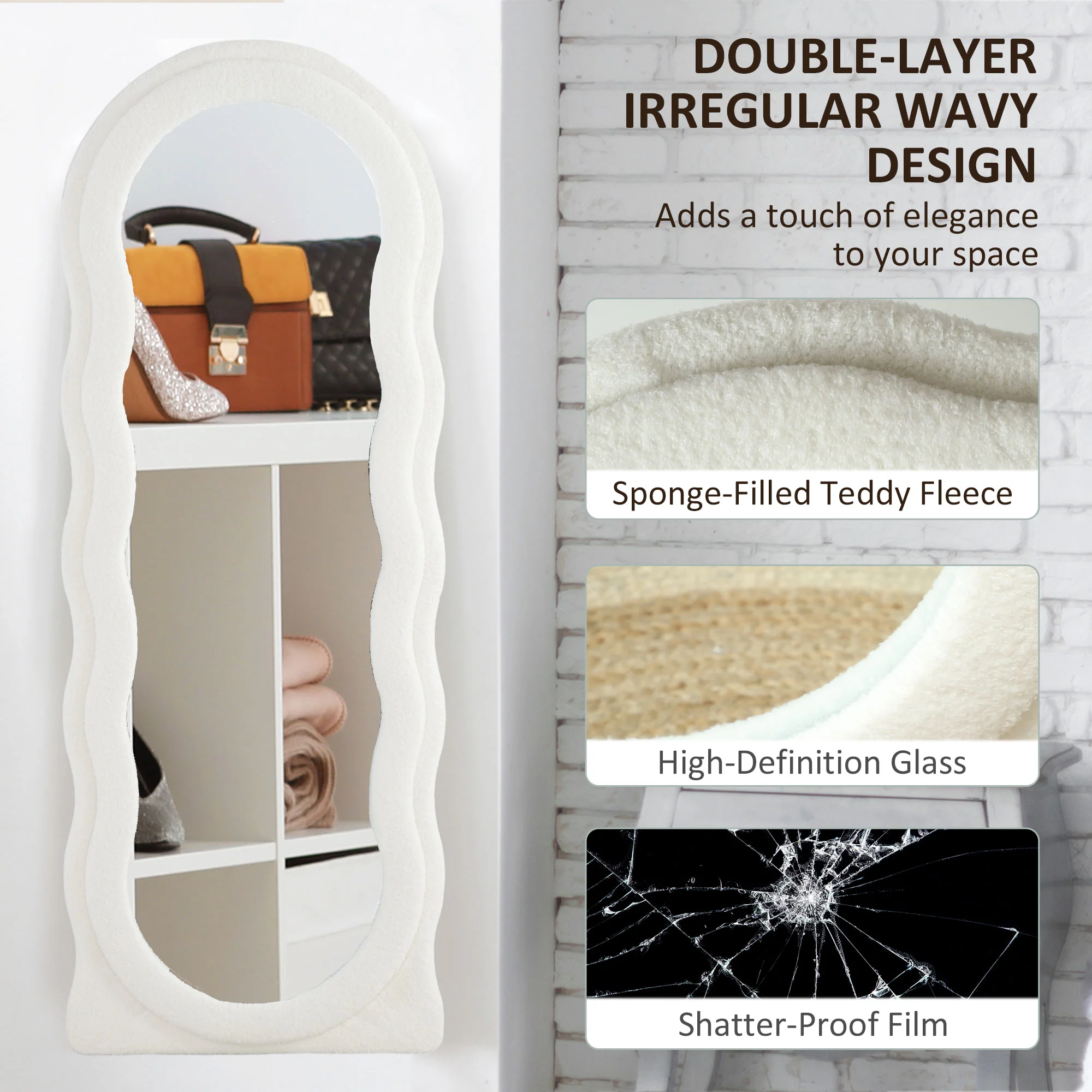 Freestanding Full Length Mirror, 63" x 24" Irregular Wavy Mirror with Arched Top, White - Image 7