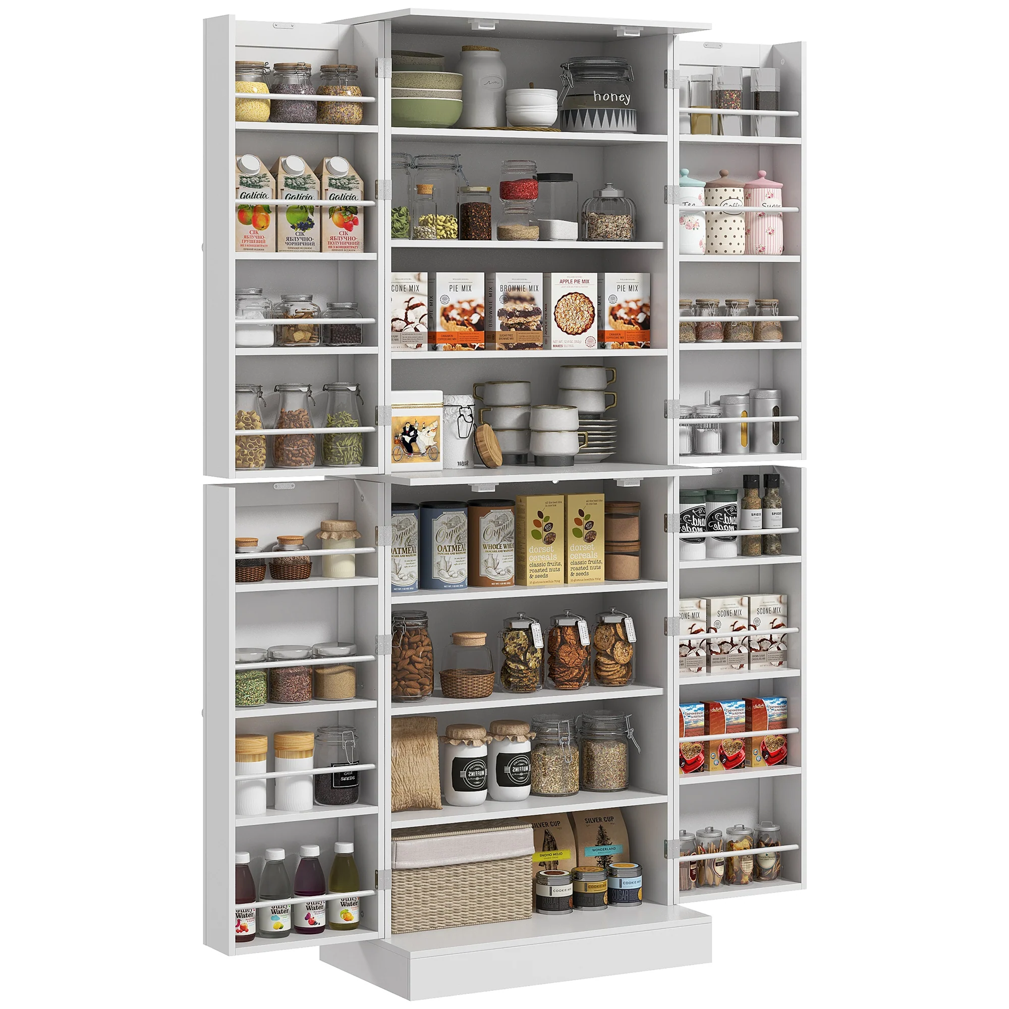 65" Kitchen Pantry Cabinet, Modern Kitchen Pantry with Doors and Shelves, Freestanding Buffet Storage Cabinet with Spice Racks for Dining Room, White