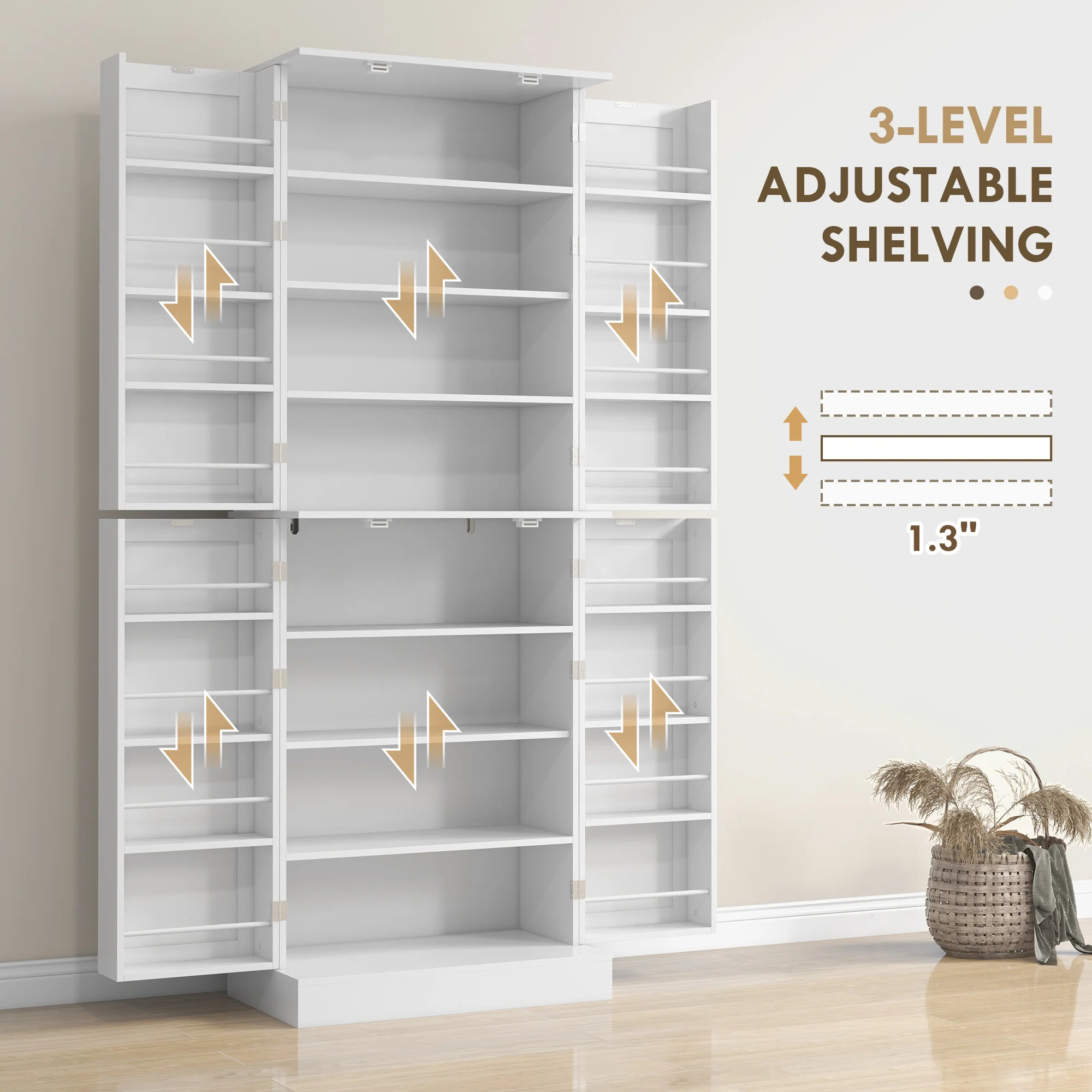 65" Kitchen Pantry Cabinet, Modern Kitchen Pantry with Doors and Shelves, Freestanding Buffet Storage Cabinet with Spice Racks for Dining Room, White - Image 7