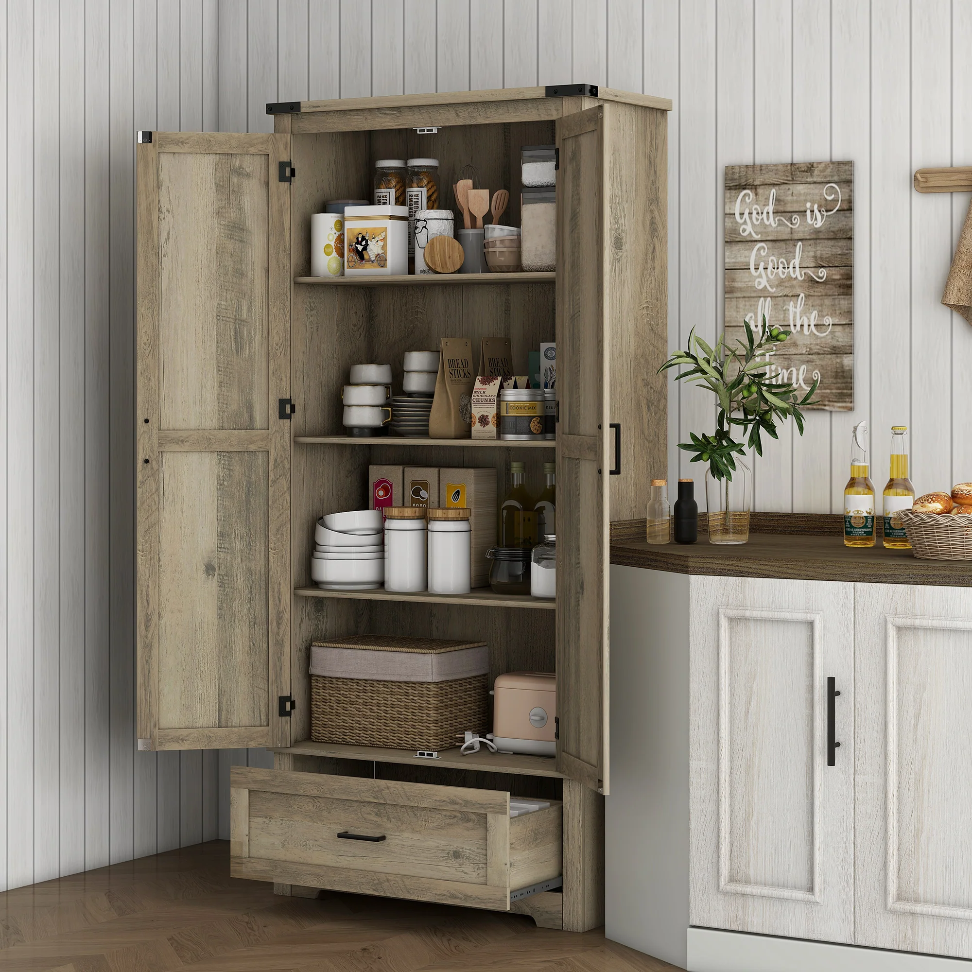 69" Tall Farmhouse Pantry Cabinet with 2 Doors Drawer & Adjustable Shelves, Grey - Image 3