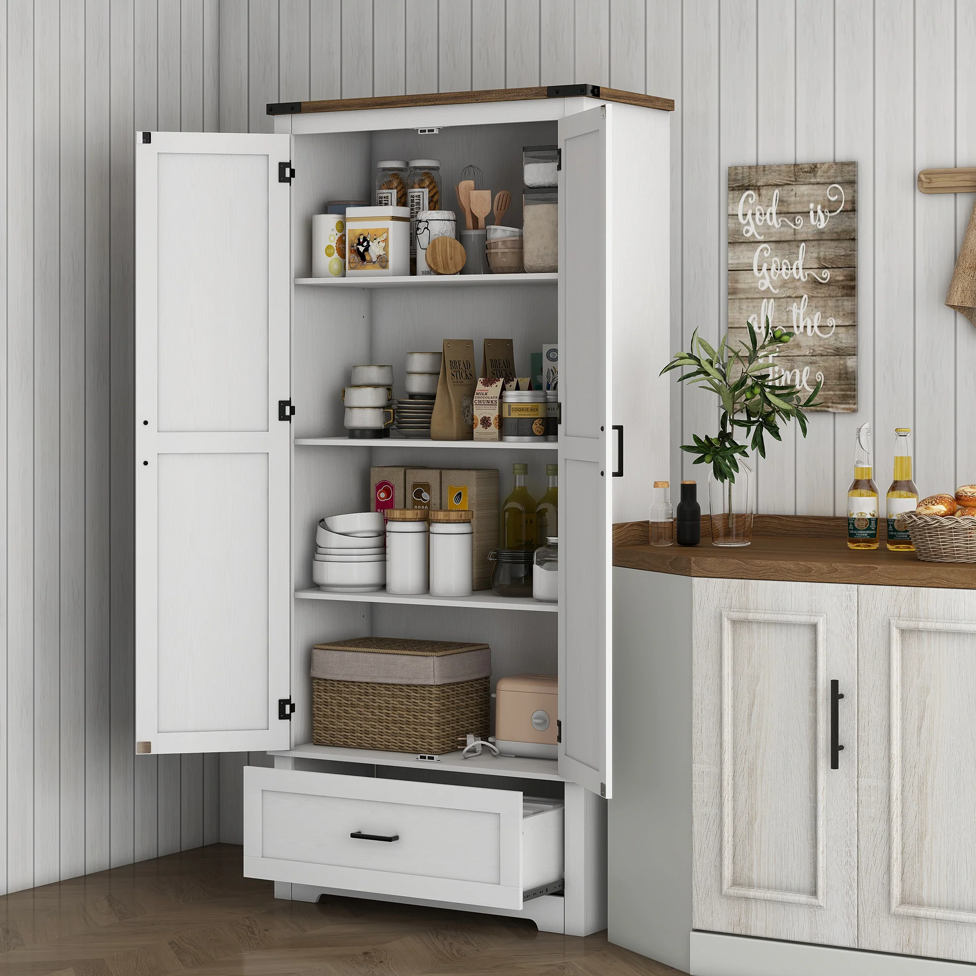69" Tall Farmhouse Pantry Cabinet with 2 Doors Drawer & Adjustable Shelves, White - Image 3