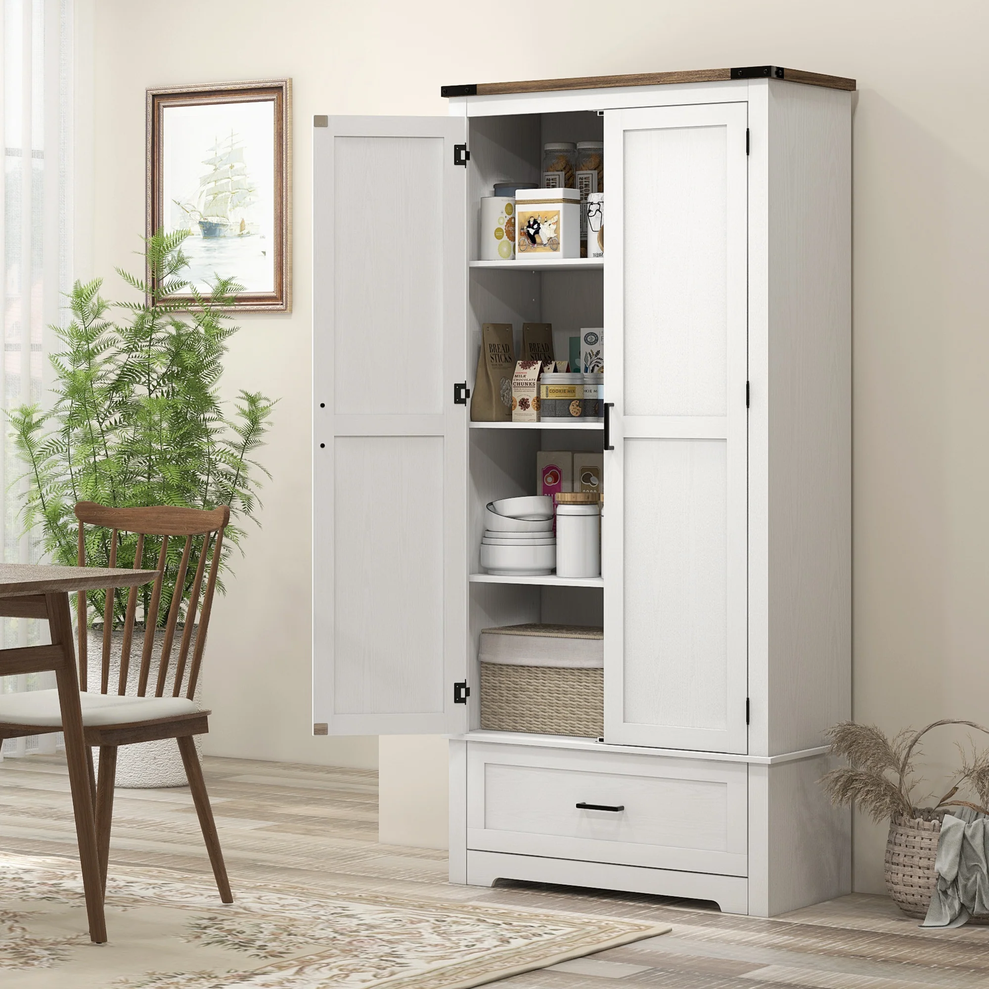 69" Tall Farmhouse Pantry Cabinet with 2 Doors Drawer & Adjustable Shelves, White - Image 4