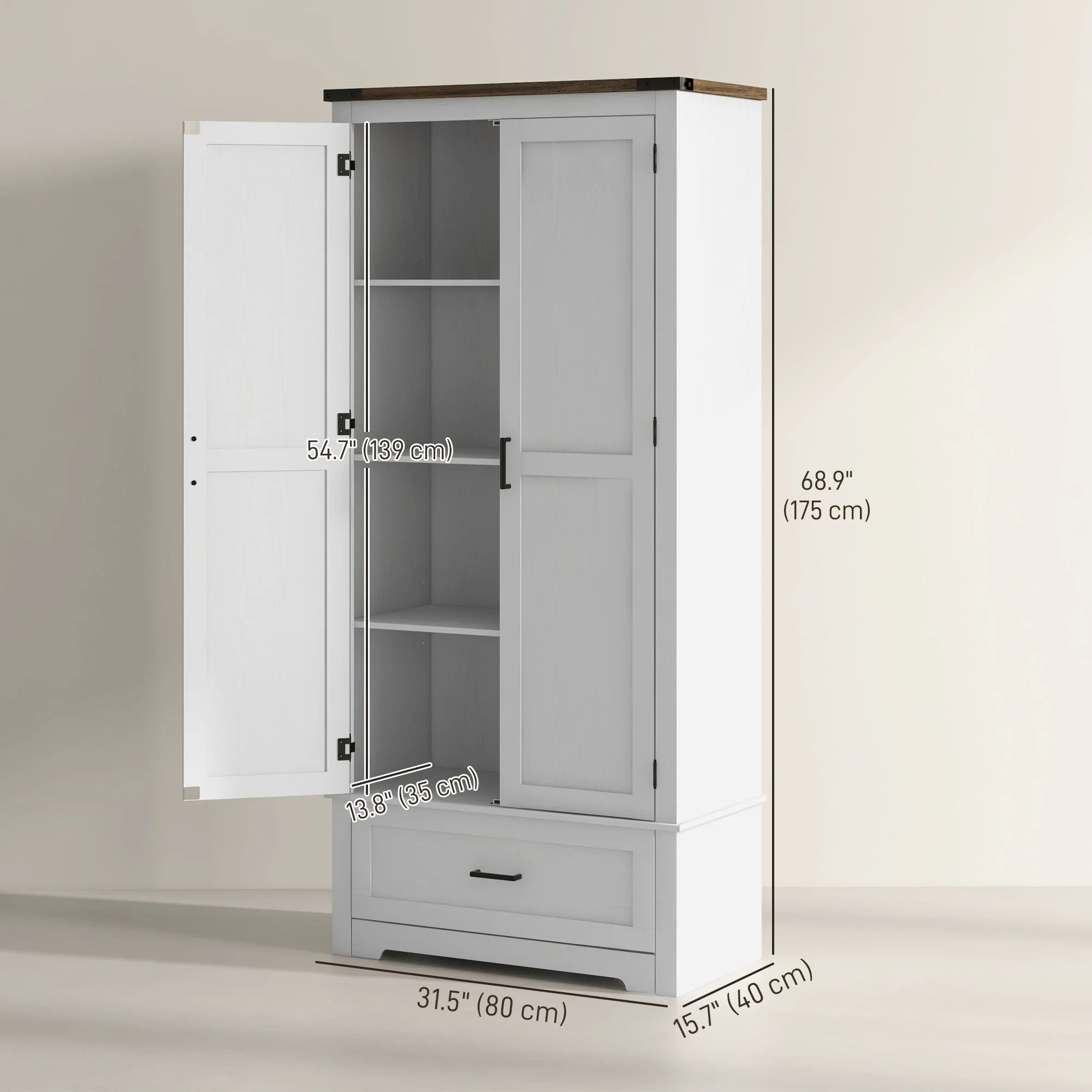 69" Tall Farmhouse Pantry Cabinet with 2 Doors Drawer & Adjustable Shelves, White - Image 5