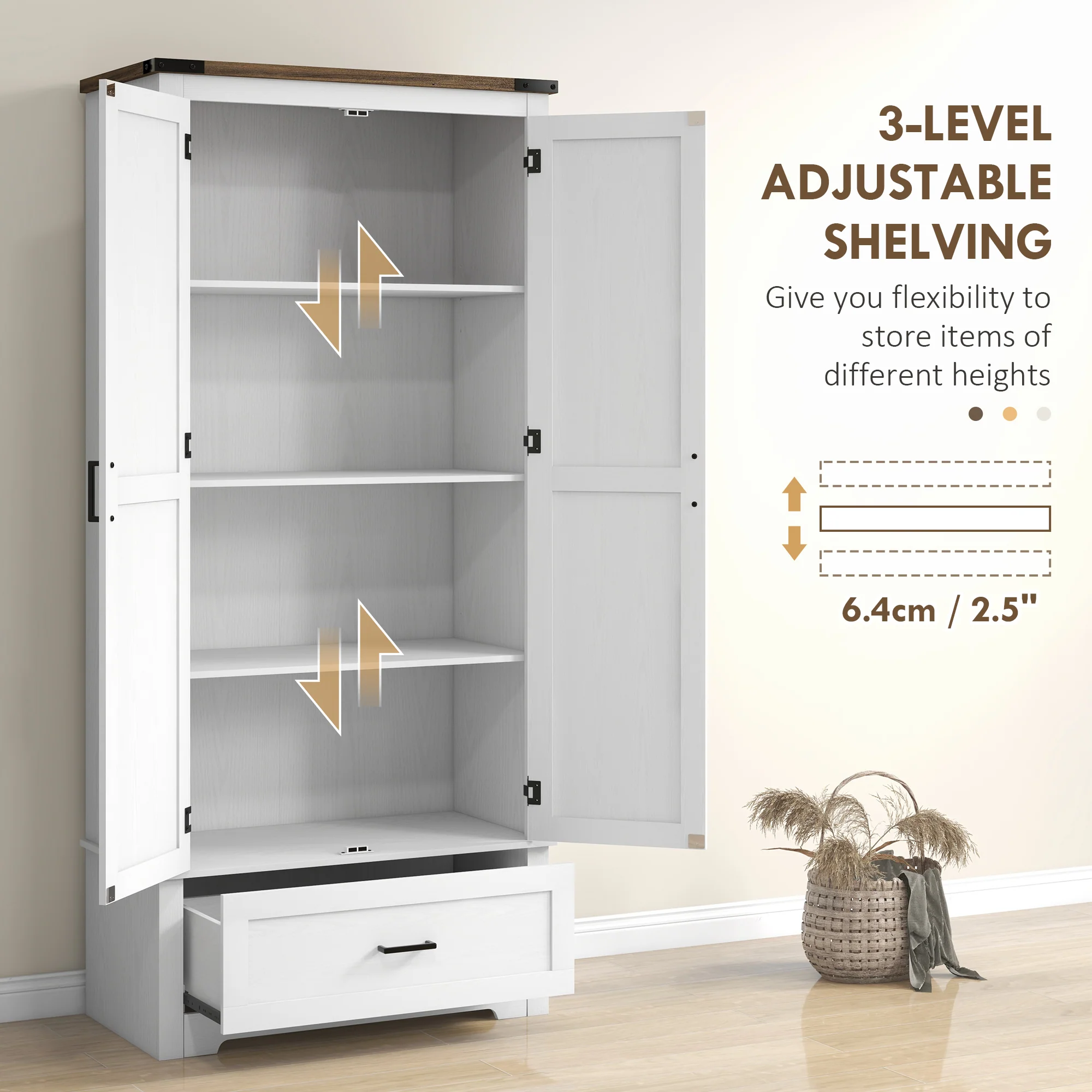 69" Tall Farmhouse Pantry Cabinet with 2 Doors Drawer & Adjustable Shelves, White - Image 7