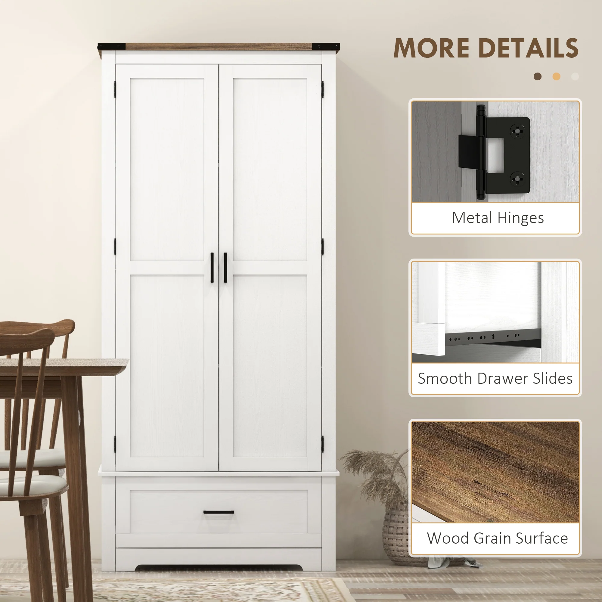 69" Tall Farmhouse Pantry Cabinet with 2 Doors Drawer & Adjustable Shelves, White - Image 9