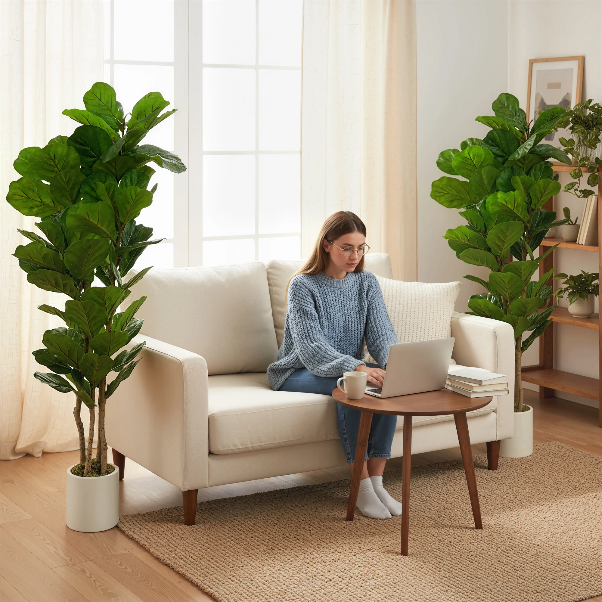 6FT Artificial Fiddle Leaf Fig Tree Set of 2 with Solid Wood Trunks, Lifelike Fake Tree with 91 Leaves in Pot for Indoor Living Room Office Home Decor, Green - Image 10