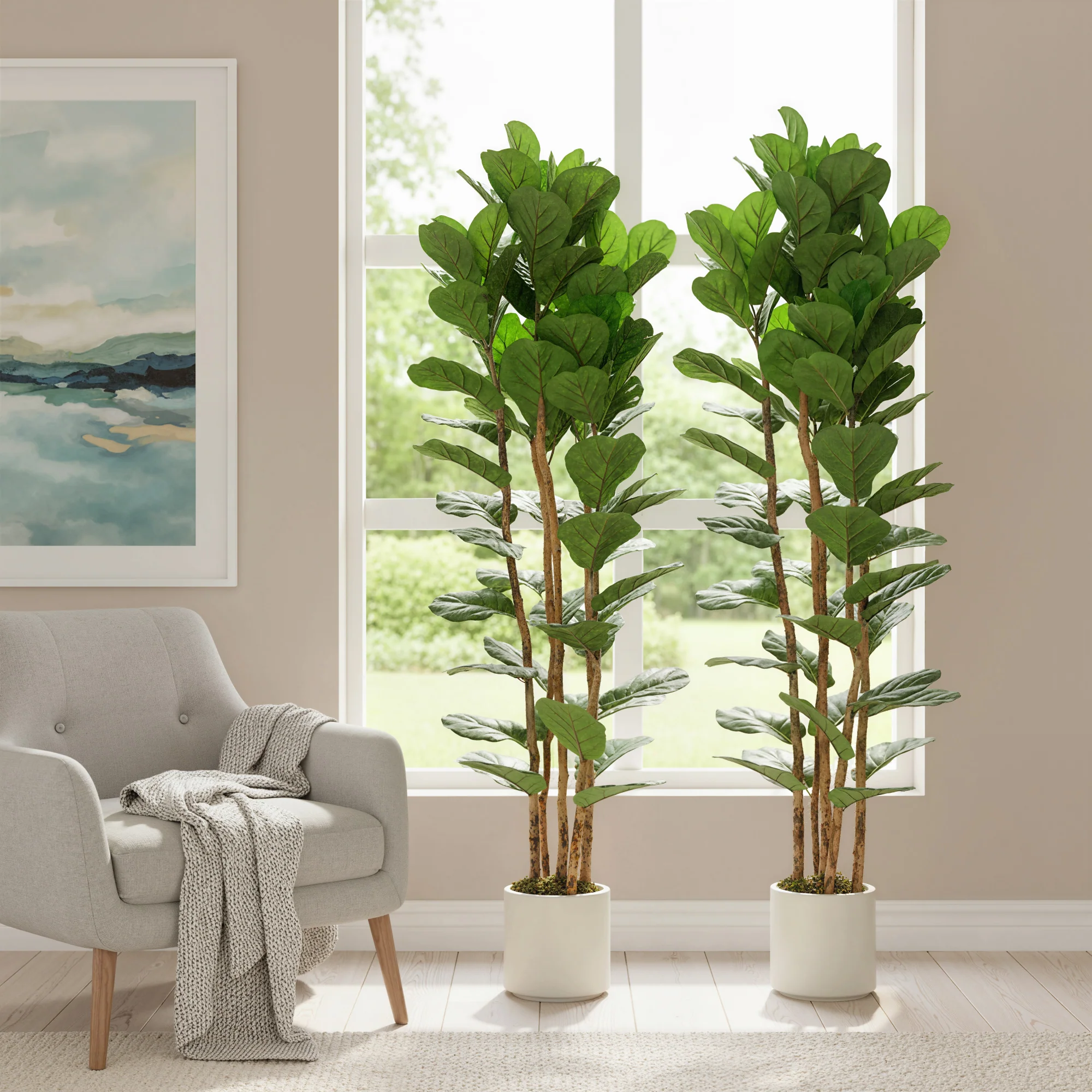 6FT Artificial Fiddle Leaf Fig Tree Set of 2 with Solid Wood Trunks, Lifelike Fake Tree with 91 Leaves in Pot for Indoor Living Room Office Home Decor, Green - Image 11