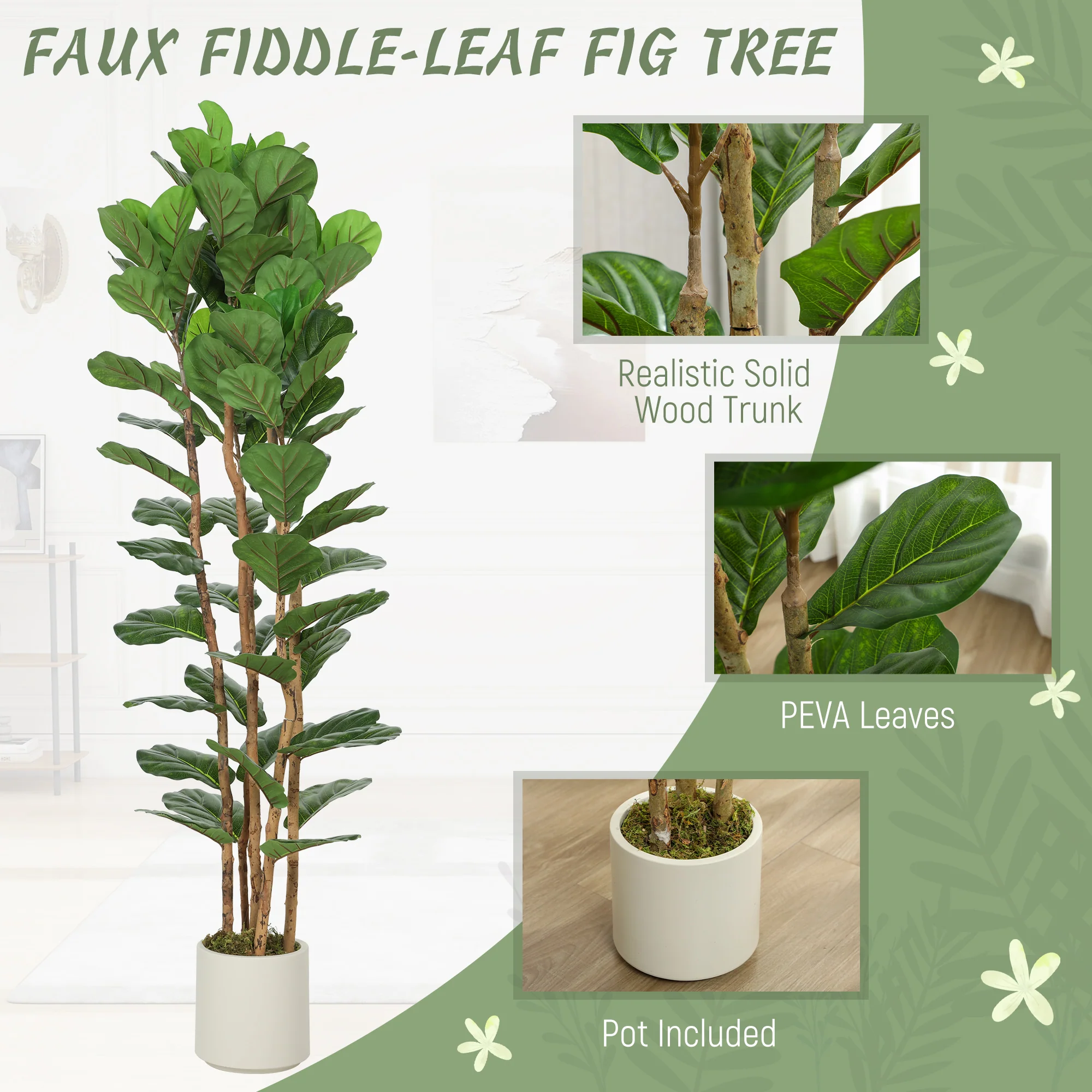 6FT Artificial Fiddle Leaf Fig Tree with Solid Wood Trunks, Lifelike Fake Tree with 91 Leaves in Pot for Indoor Living Room Office Home Decor, Green - Image 6