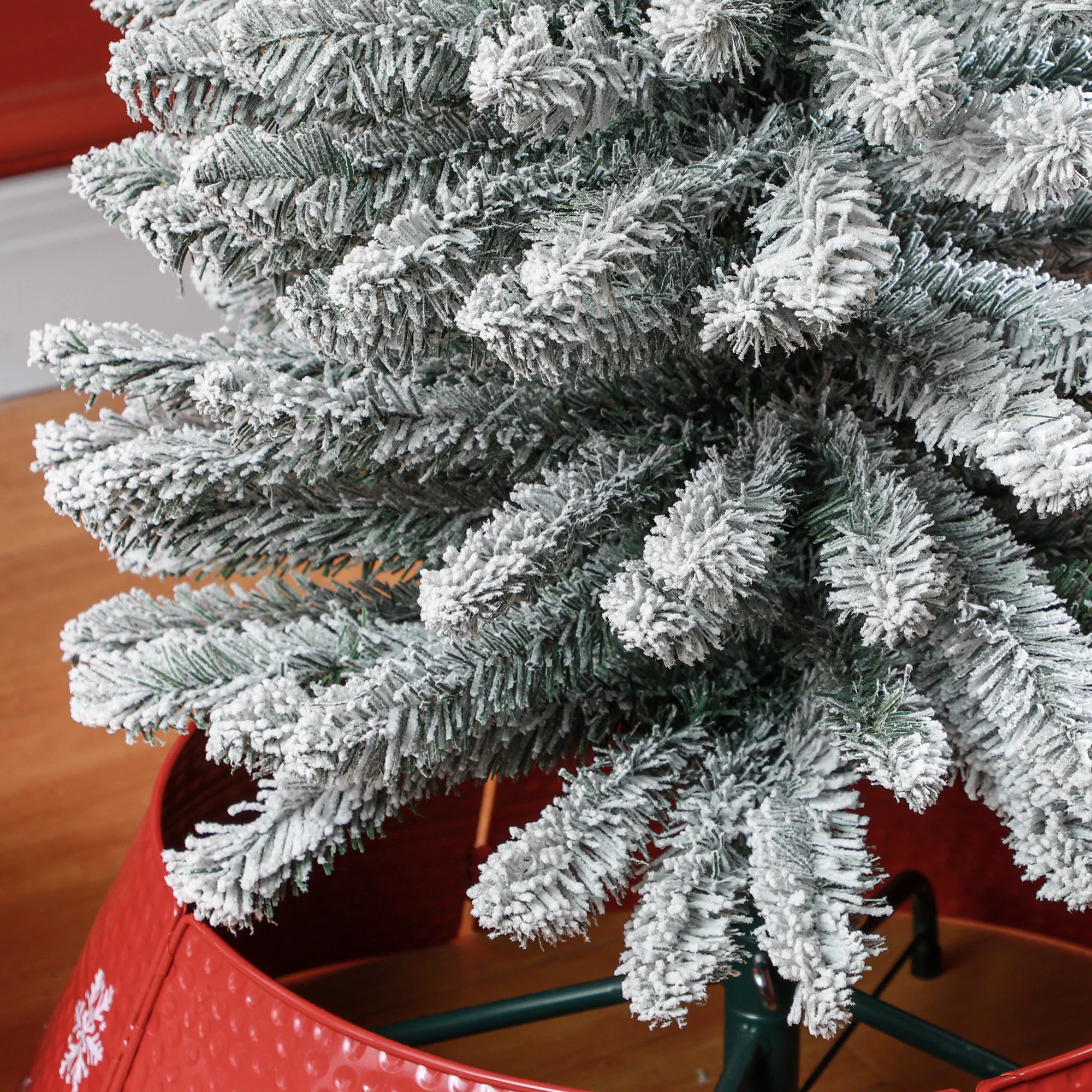 6ft Artificial Pencil Christmas Tree with 329 Snow Flocked Branches, Metal Base, White - Image 10