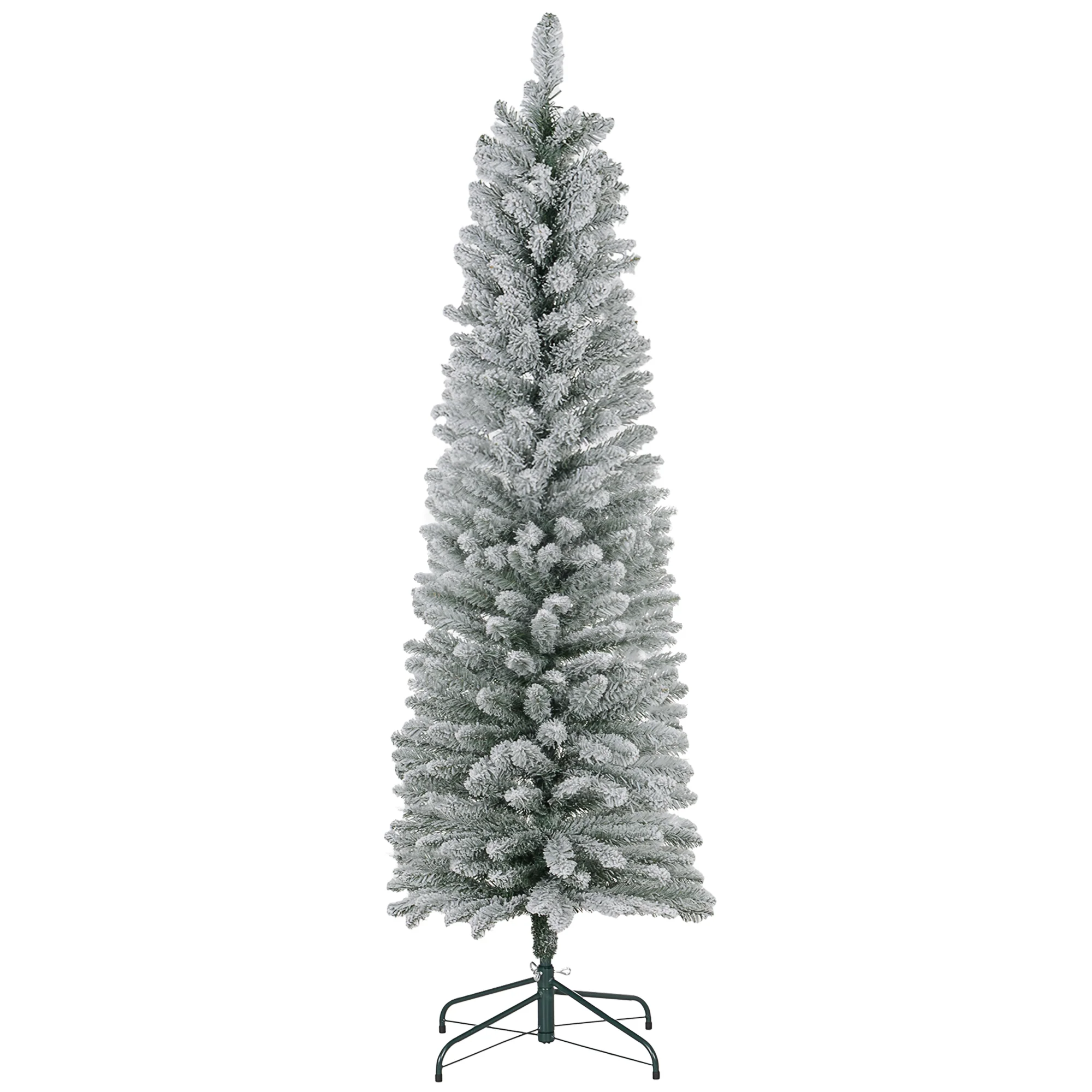 6ft Artificial Pencil Christmas Tree with 329 Snow Flocked Branches, Metal Base, White - Image 2