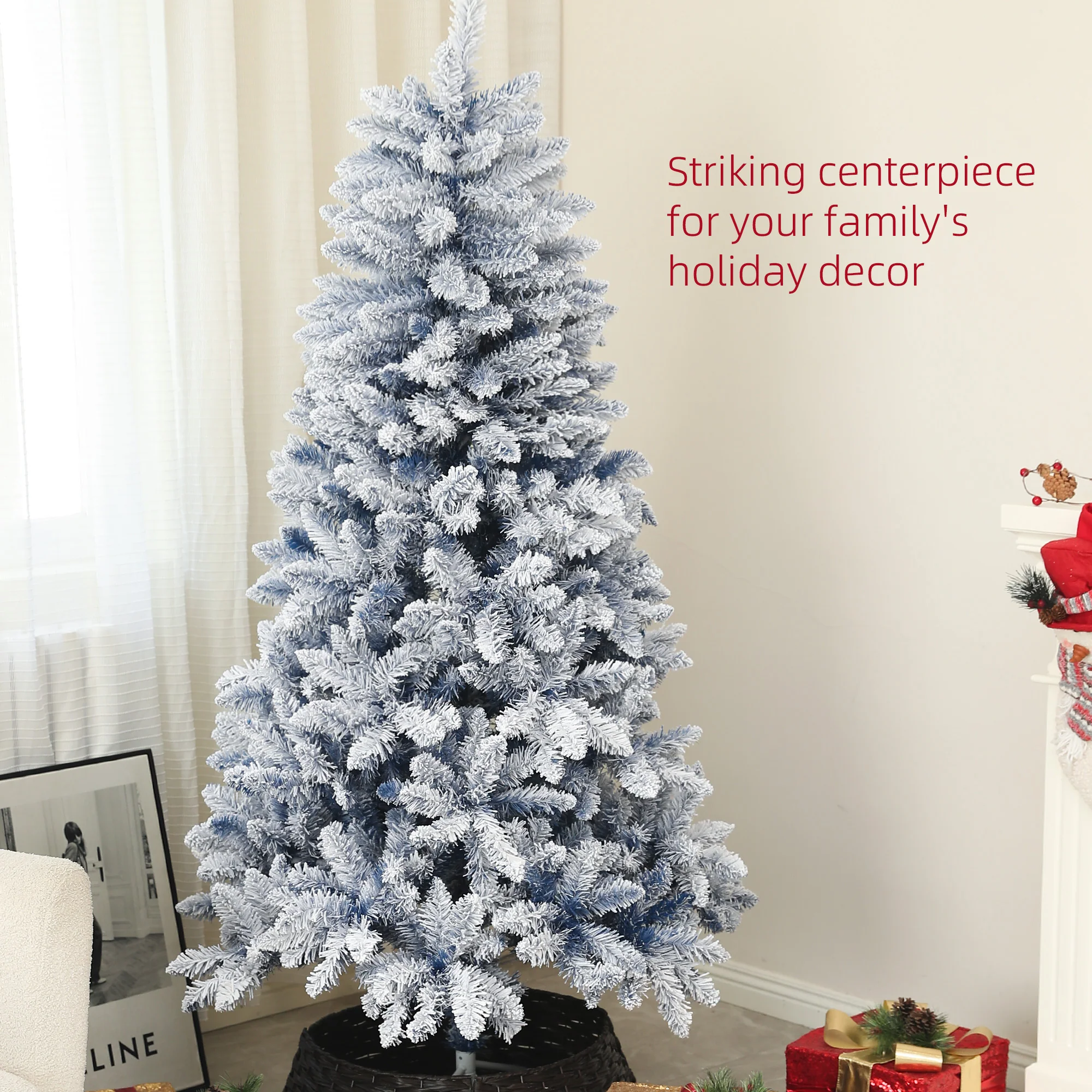 6ft Flocked Artificial Christmas Tree with 700 Snow Frosted Tips, Snowy Hinged Xmas Tree, Blue - Image 6