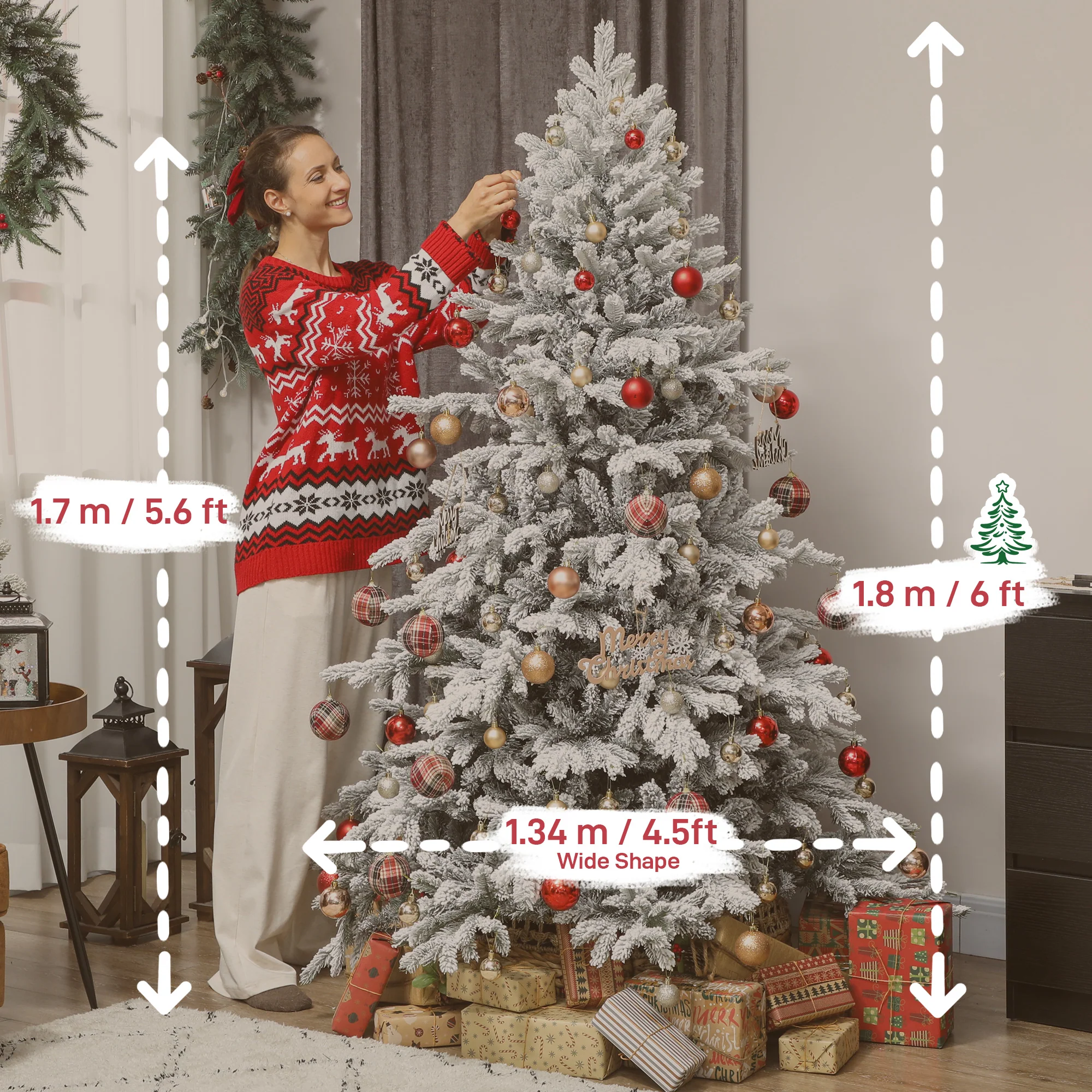 6ft Snow Flocked Christmas Tree with Realistic Tips, Wide Shape and Foldable Metal Stand - Image 5