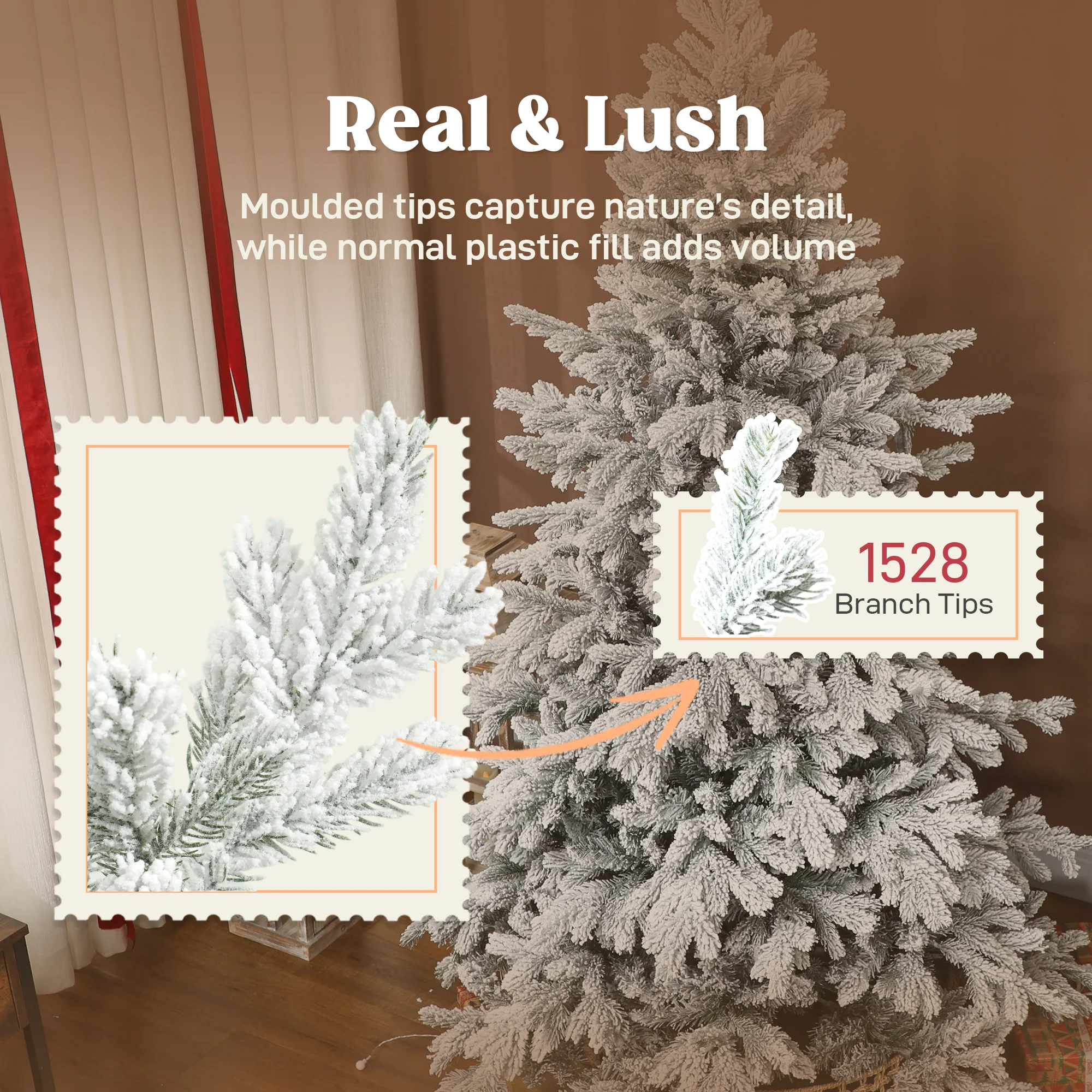 6ft Snow Flocked Christmas Tree with Realistic Tips, Wide Shape and Foldable Metal Stand - Image 7