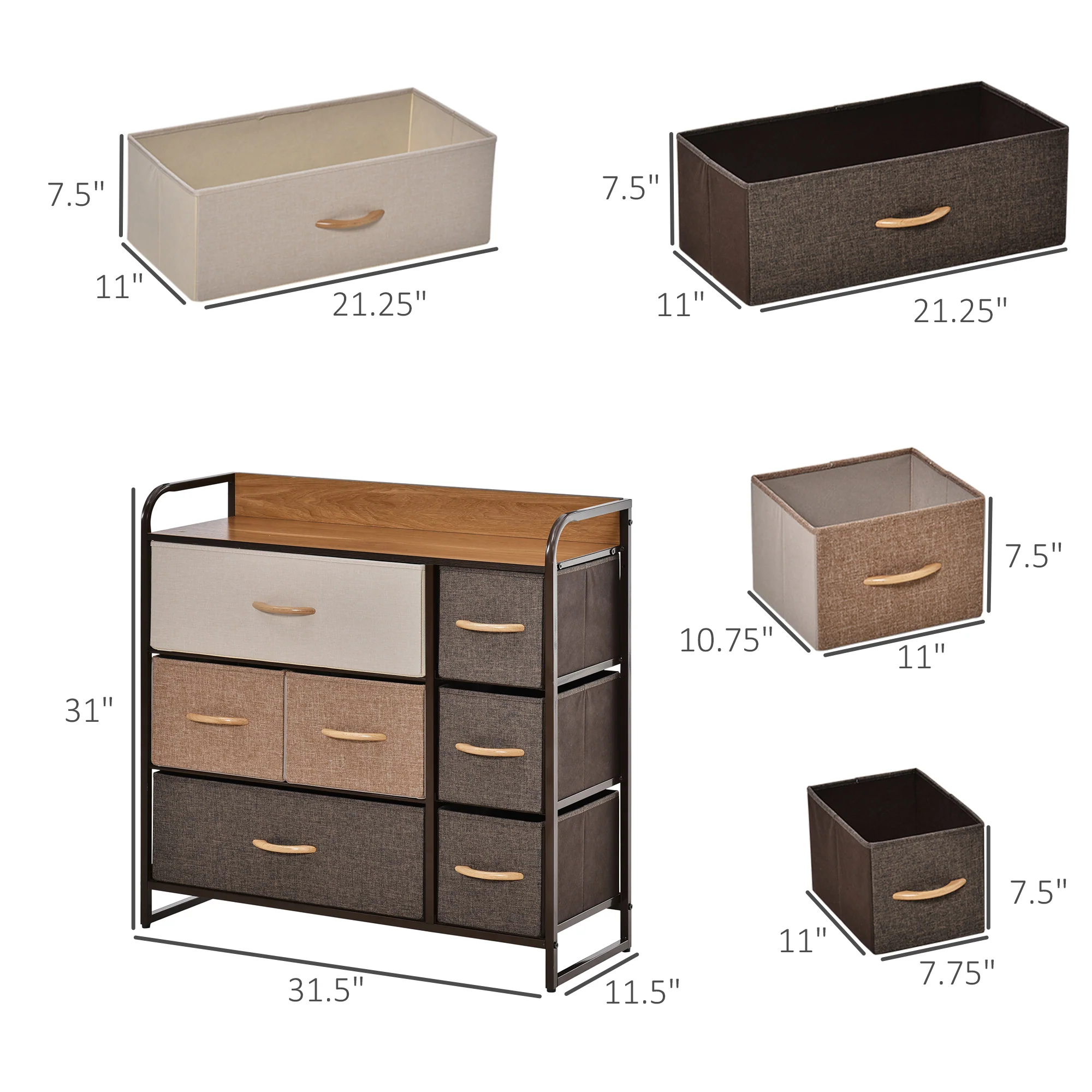 7-Drawer Fabric Dresser, 3-Tier Storage Tower with Steel Frame and Wooden Top, Multicoloured - Image 5