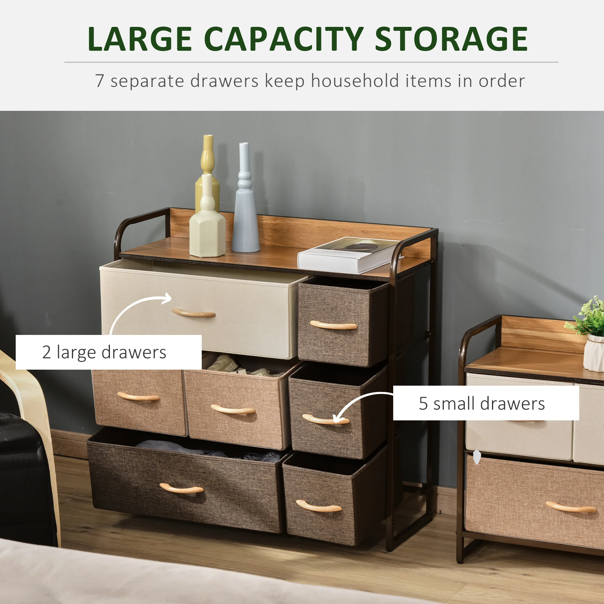 7-Drawer Fabric Dresser, 3-Tier Storage Tower with Steel Frame and Wooden Top, Multicoloured - Image 6