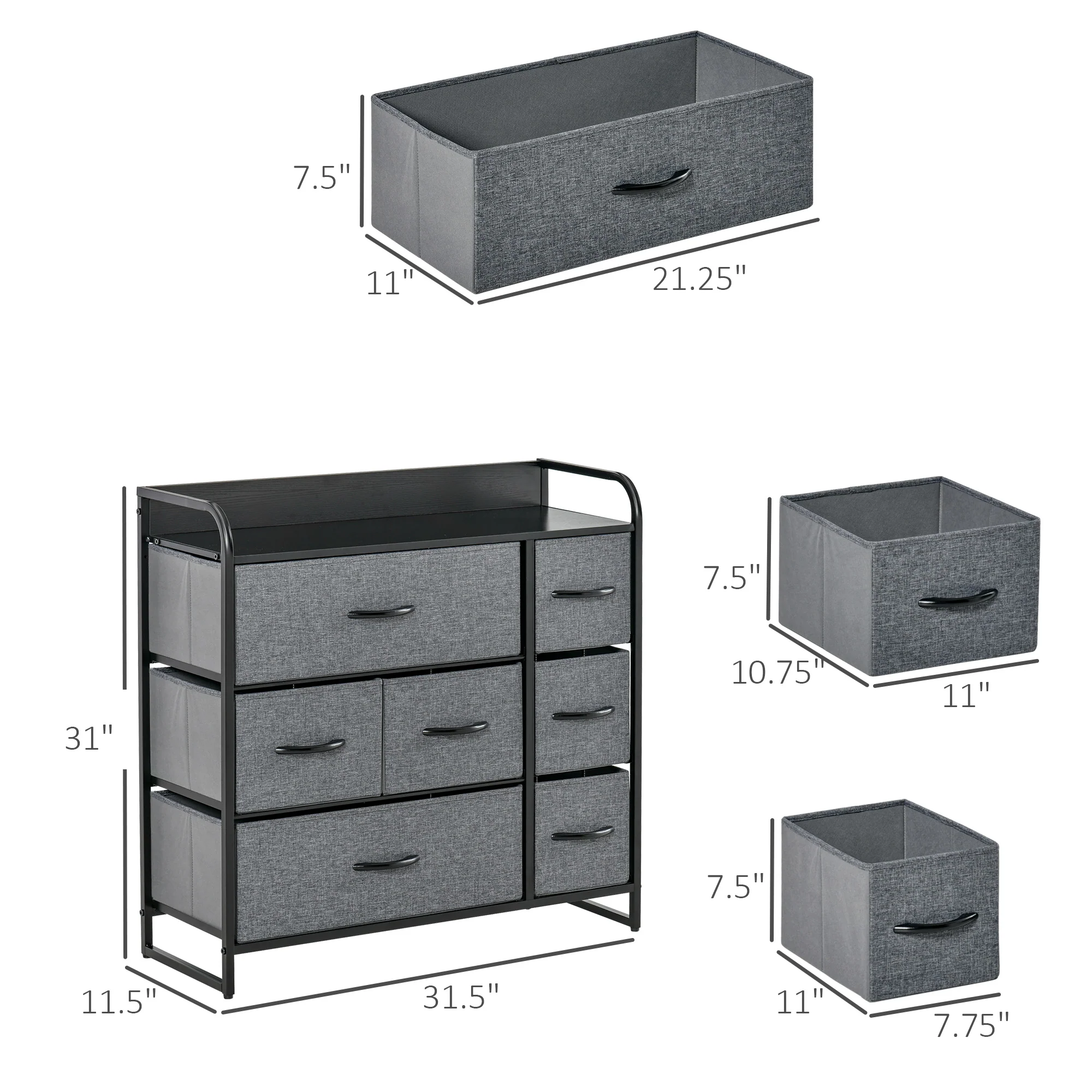 7-Drawer Fabric Dresser, 3-Tier Storage Tower with Steel Frame and Wooden Top, Black - Image 5