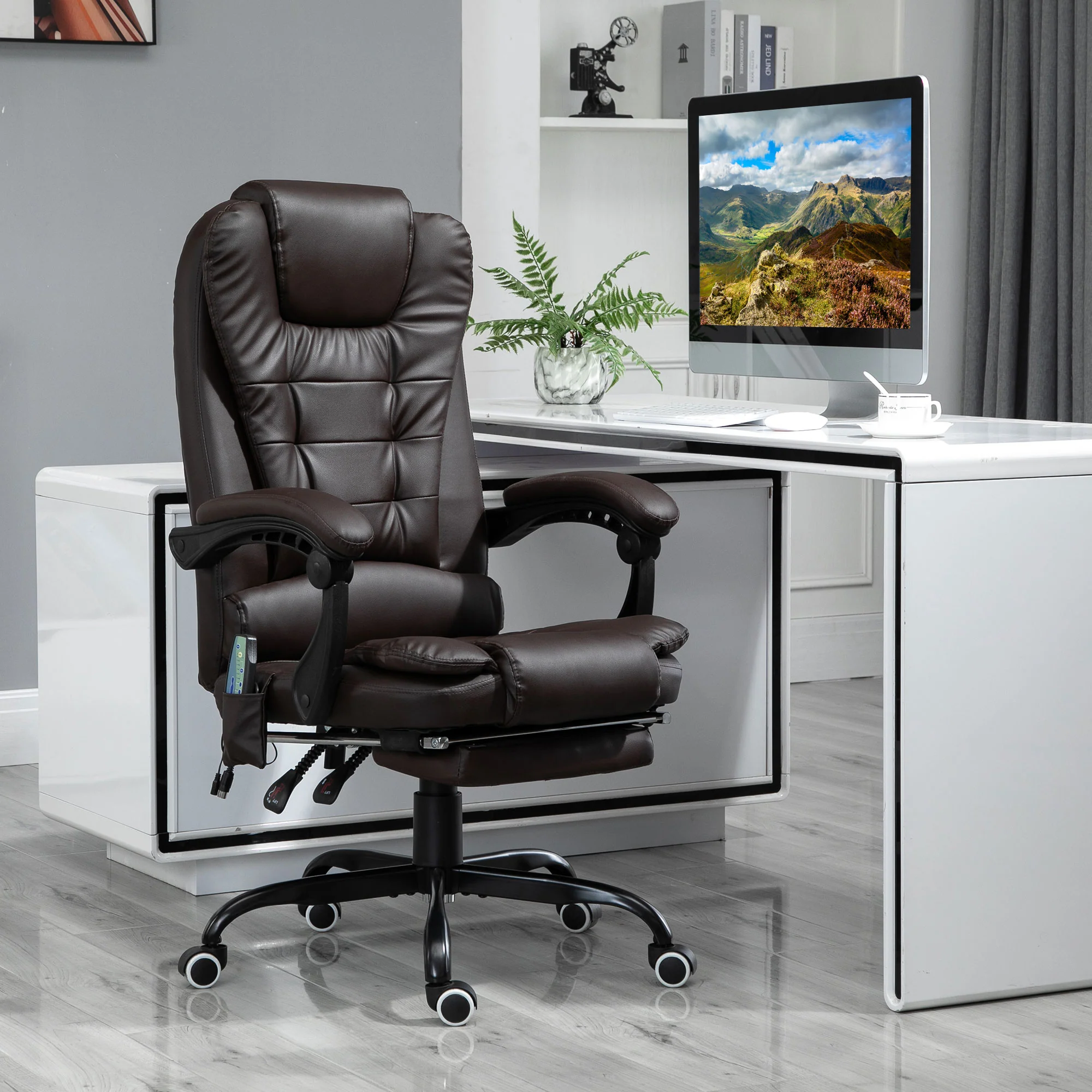 7-Point Vibration Massage Chair, Faux Leather Executive Office Chair with Footrest, Brown - Image 3
