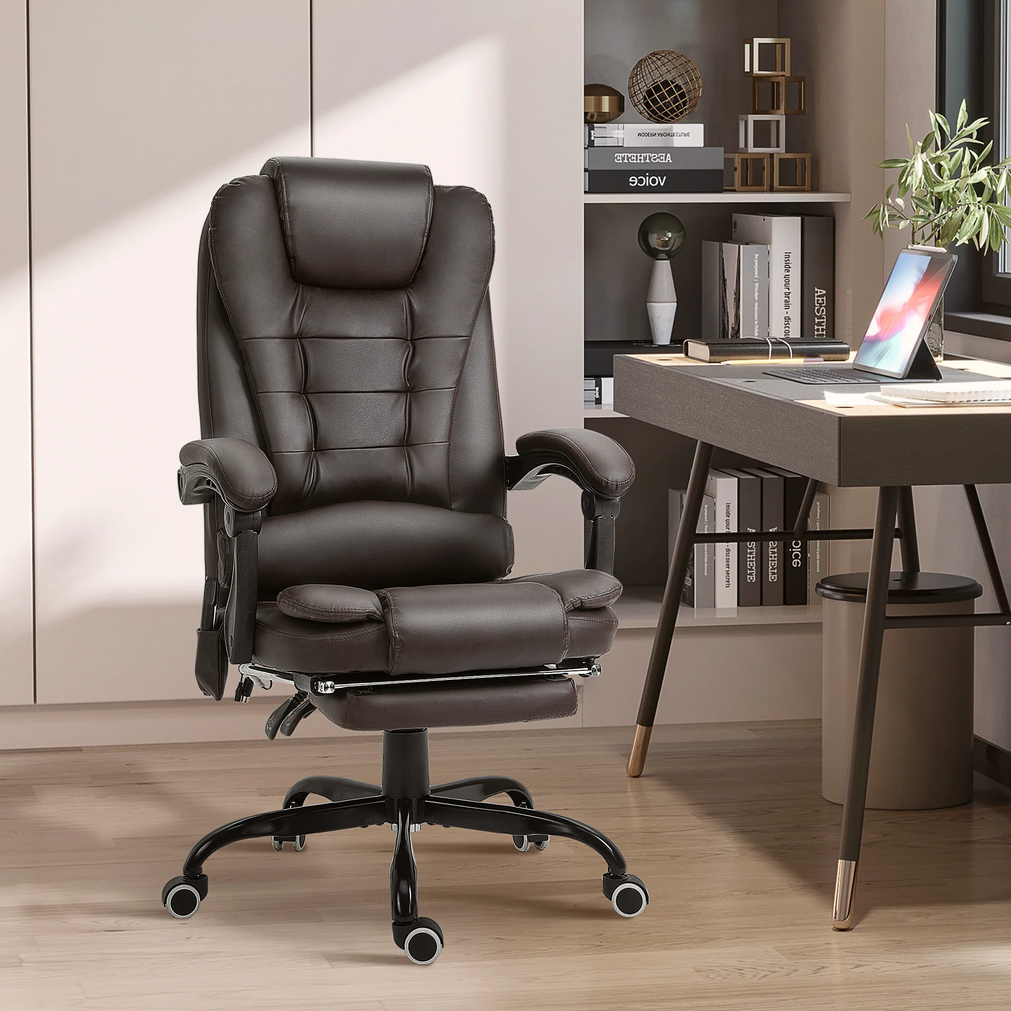 7-Point Vibration Massage Chair, Faux Leather Executive Office Chair with Footrest, Brown - Image 4