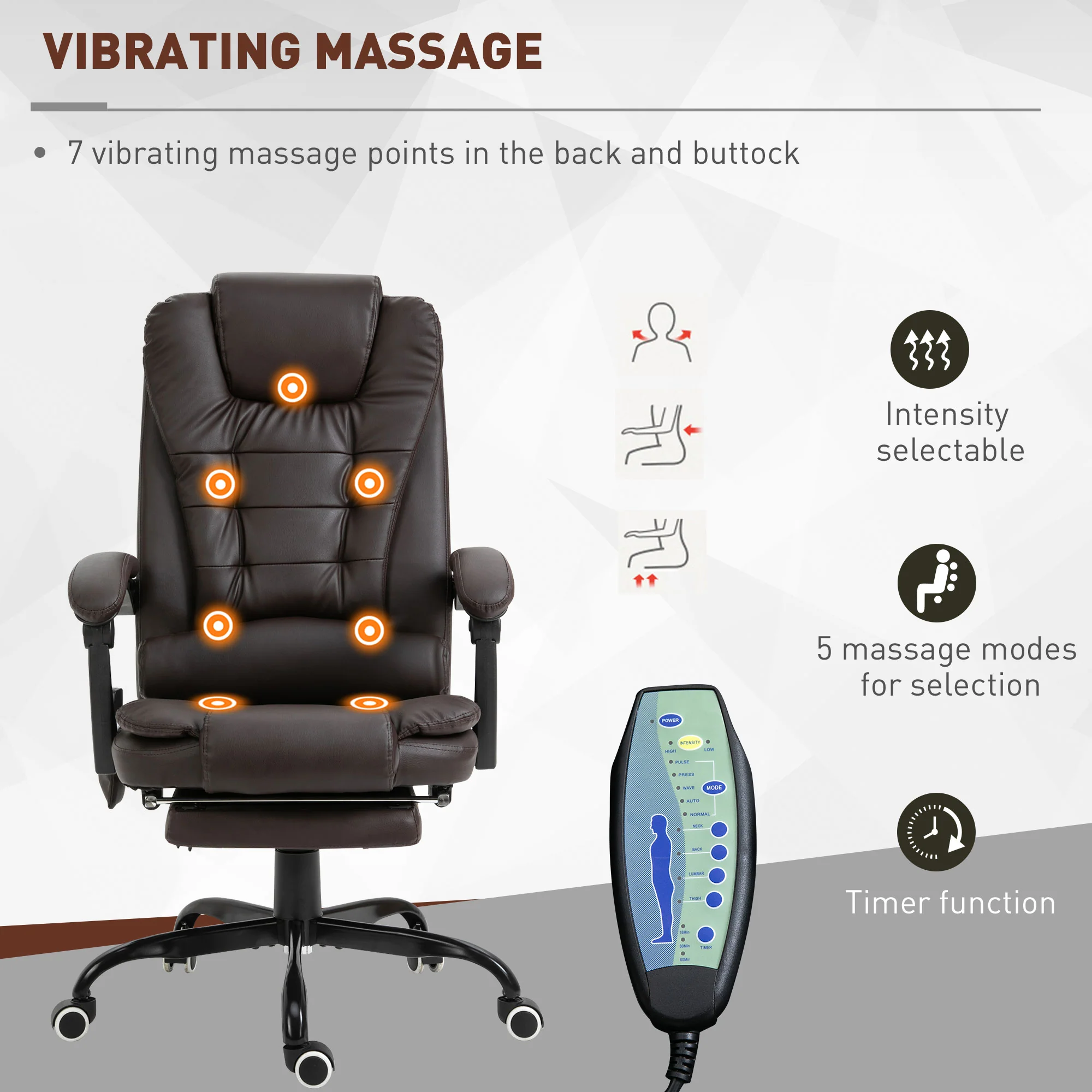 7-Point Vibration Massage Chair, Faux Leather Executive Office Chair with Footrest, Brown - Image 6