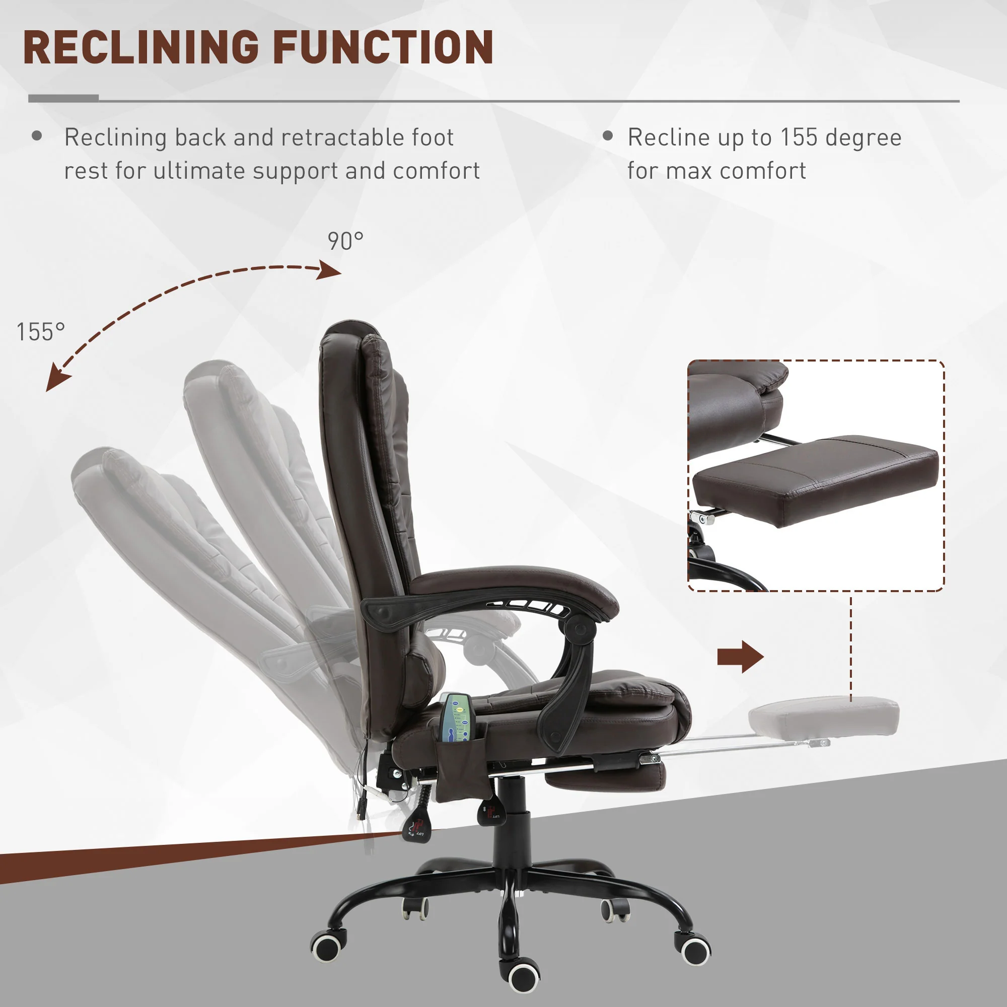 7-Point Vibration Massage Chair, Faux Leather Executive Office Chair with Footrest, Brown - Image 7