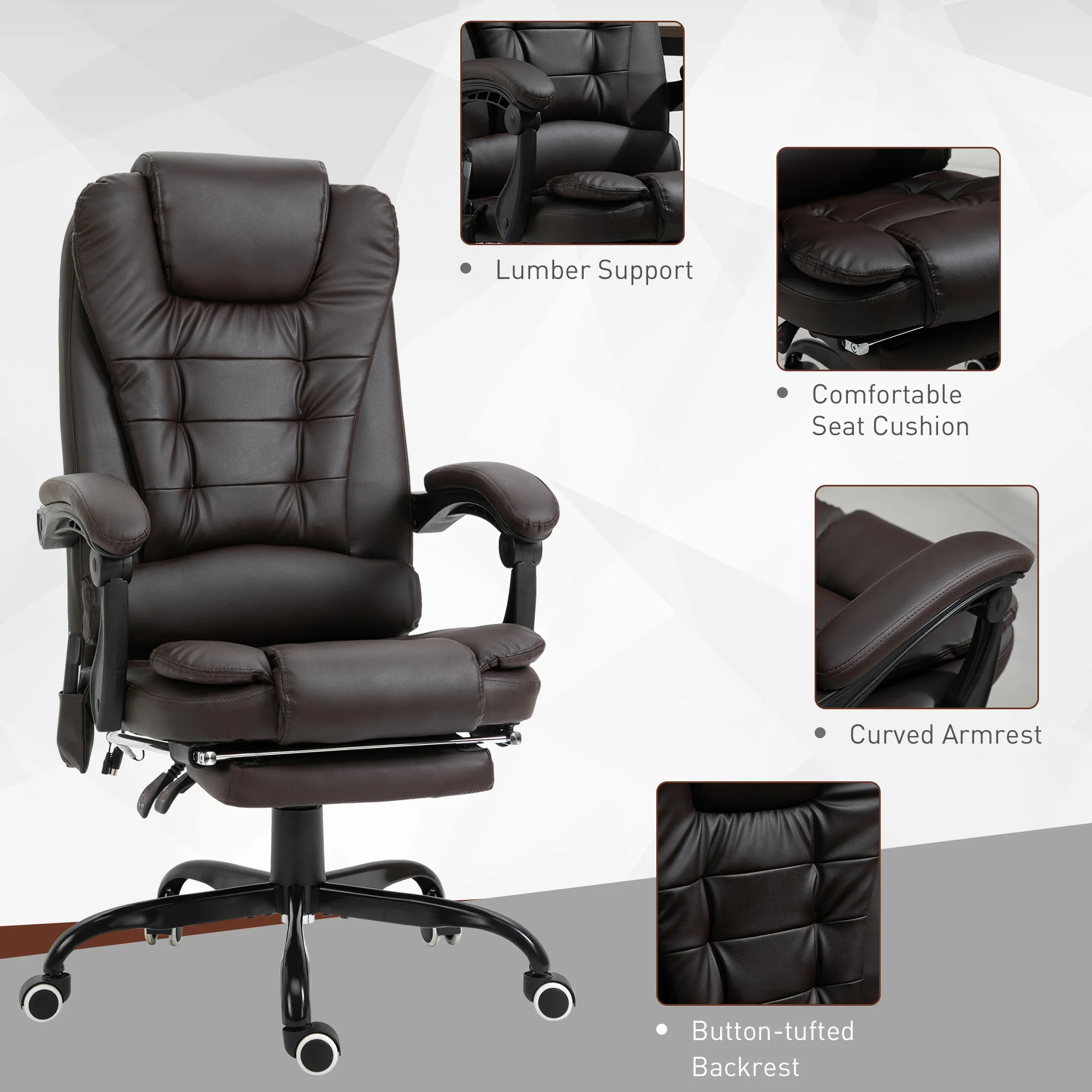7-Point Vibration Massage Chair, Faux Leather Executive Office Chair with Footrest, Brown - Image 8