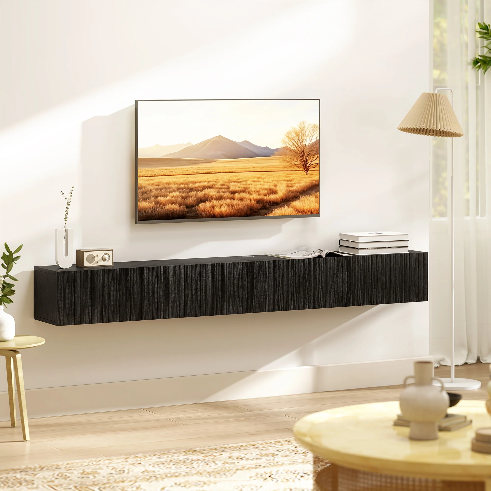 71" Floating TV Stand for TVs up to 72 Inch, Wall Mount Media Console with 2 Fluted Flip-Down Doors, Entertainment Center with Cable Hole for Living Room, Black - Image 9