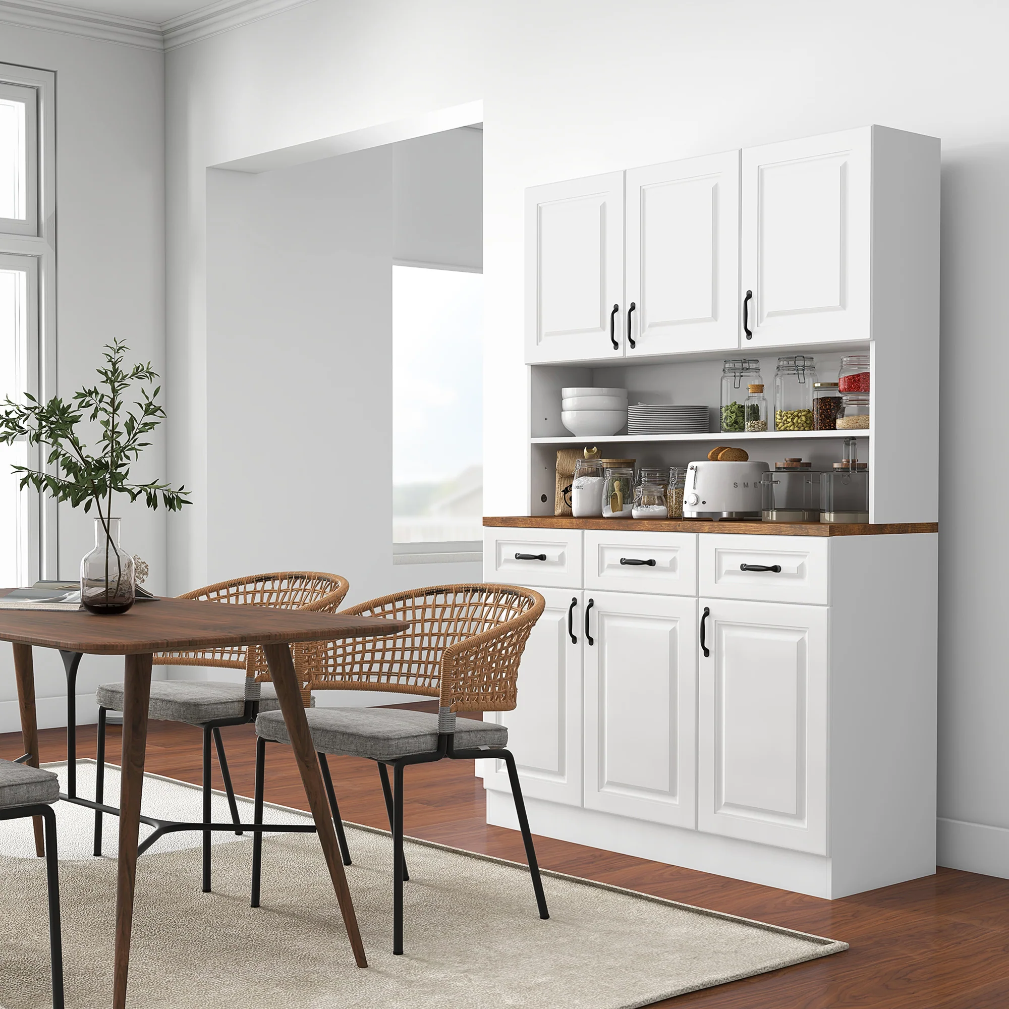 71" Freestanding Buffet with Hutch Farmhouse Storage Cabinet White - Image 4