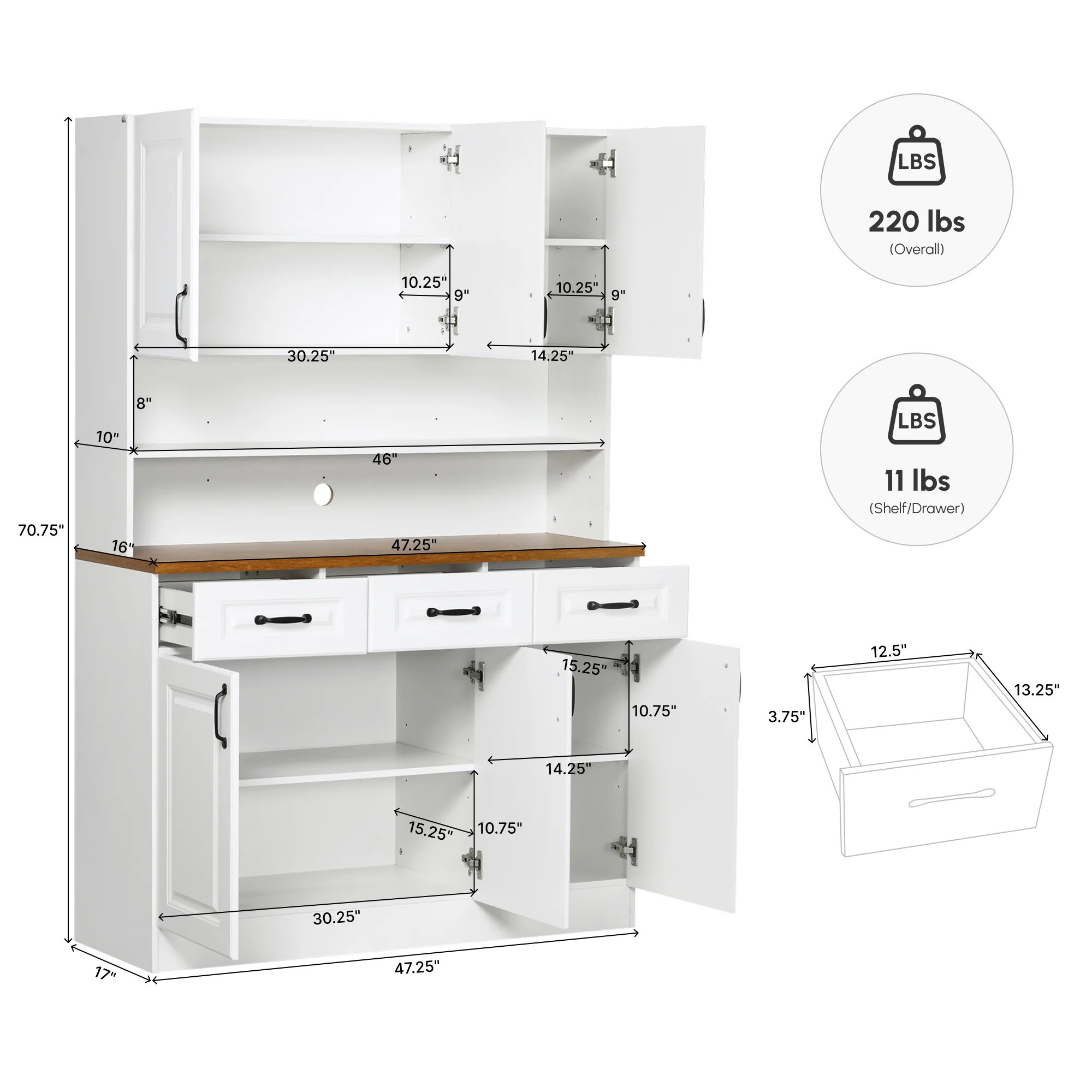 71" Freestanding Buffet with Hutch Farmhouse Storage Cabinet White - Image 6