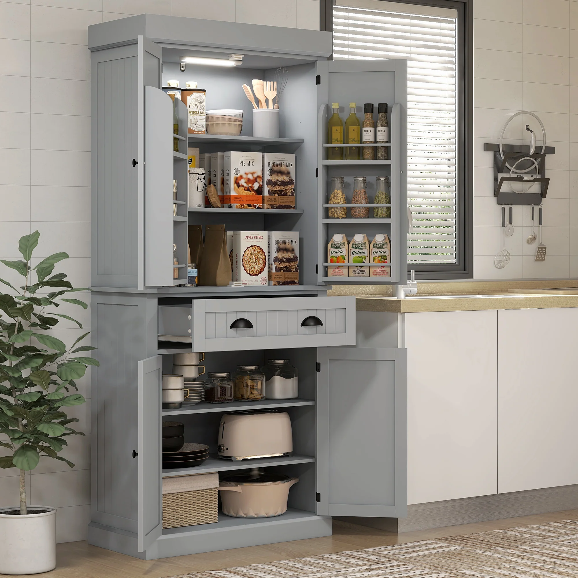 71" Tall Pantry Cabinet with LED Motion Sensor Light, Freestanding Kitchen Pantry with Adjustable Shelves, Grey - Image 12