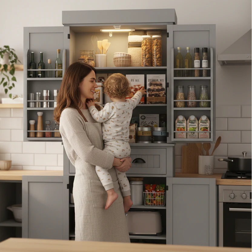 71" Tall Pantry Cabinet with LED Motion Sensor Light, Freestanding Kitchen Pantry with Adjustable Shelves, Grey - Image 4