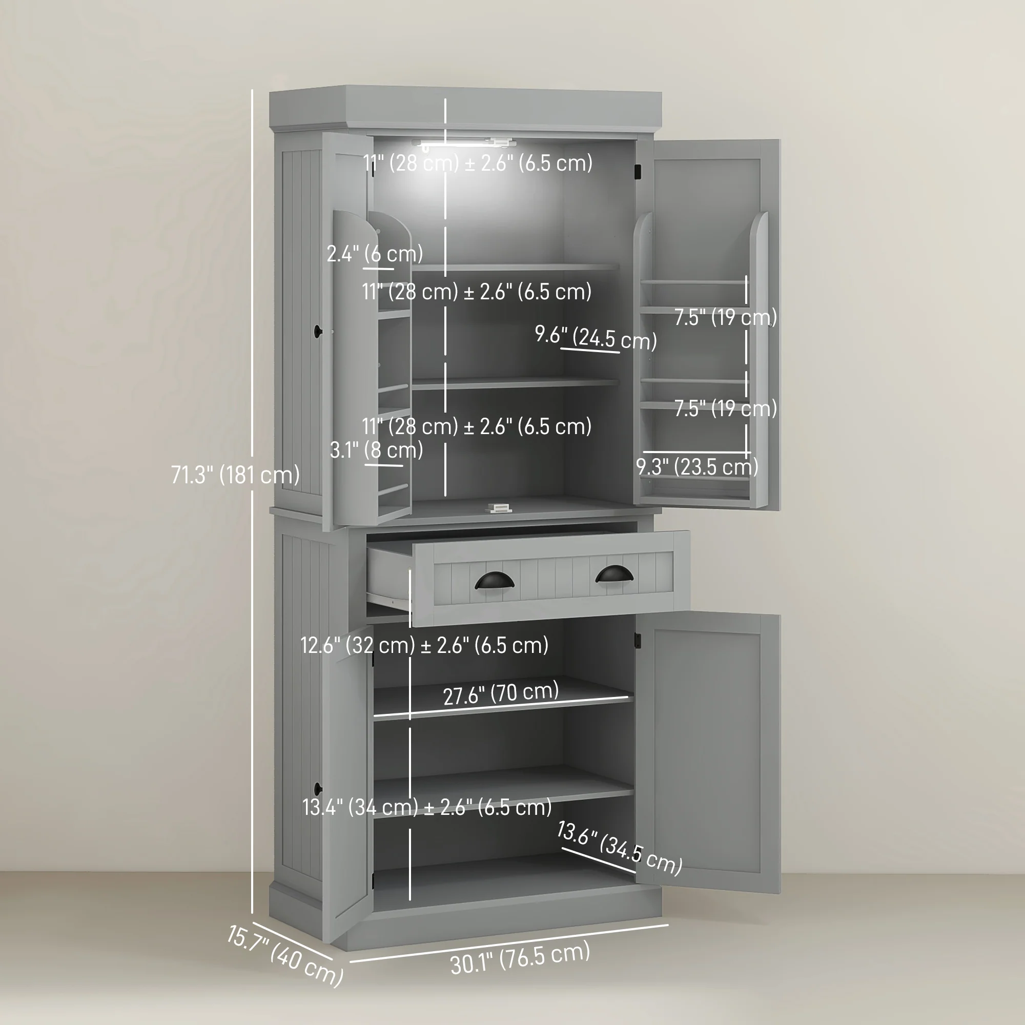 71" Tall Pantry Cabinet with LED Motion Sensor Light, Freestanding Kitchen Pantry with Adjustable Shelves, Grey - Image 5