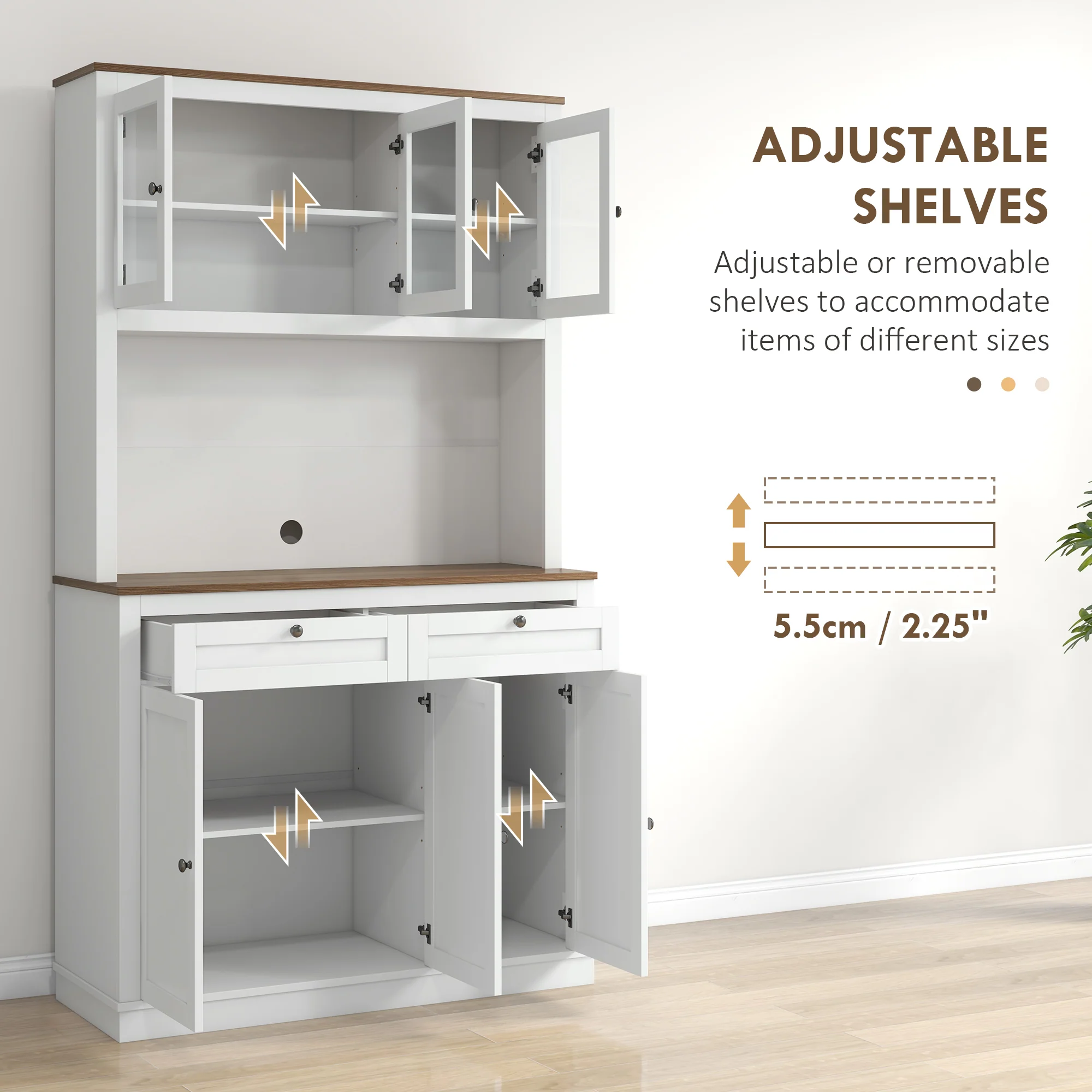 71" Pantry Cabinet with Microwave Countertop, Tall Kitchen Hutch with 2 Drawers, Freestanding Storage Cabinet with Adjustable Shelves, Glass and Shaker Doors, White - Image 7