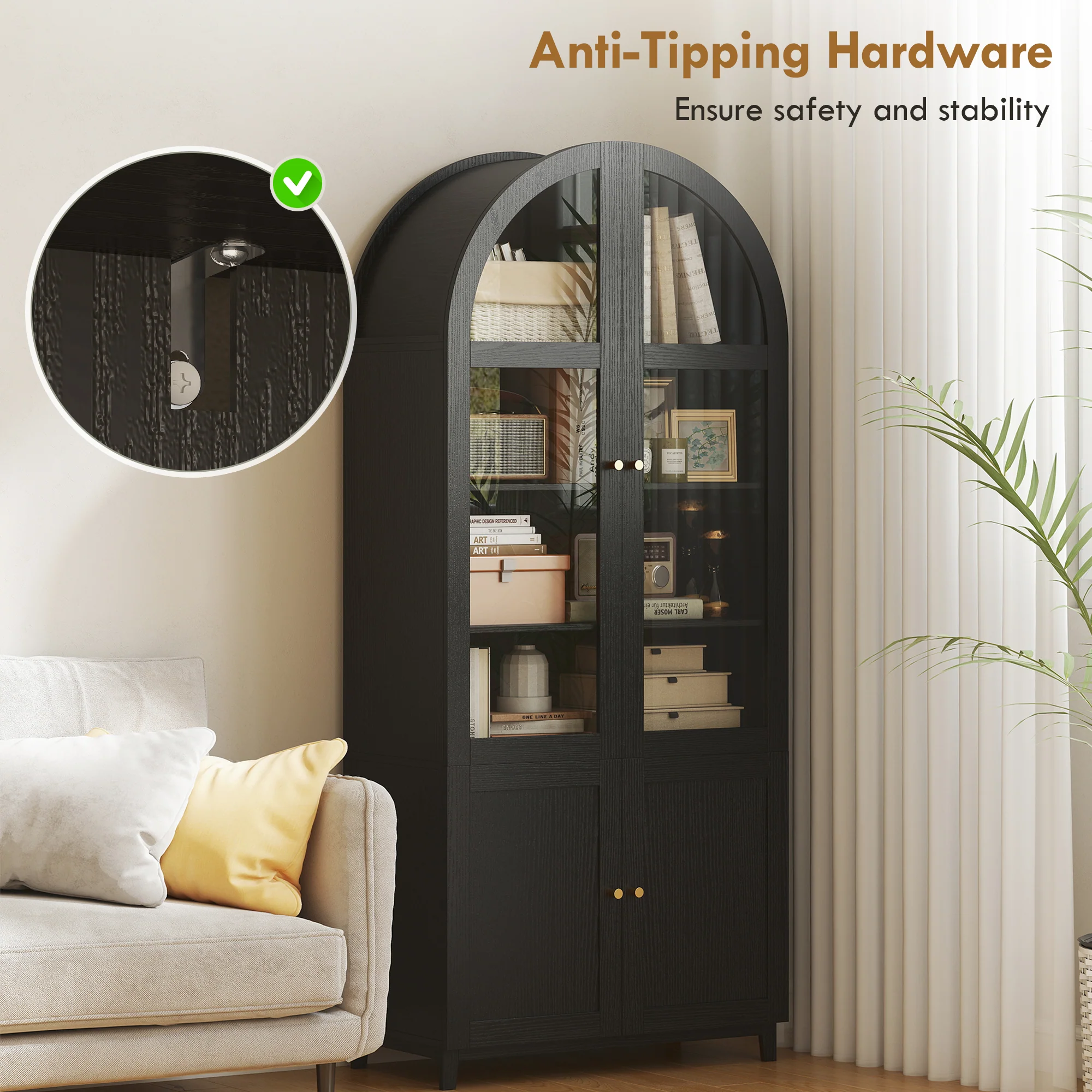 71" Tall Arched Kitchen Pantry Cabinet, Farmhouse Freestanding Kitchen Storage Cabinet, Black - Image 10
