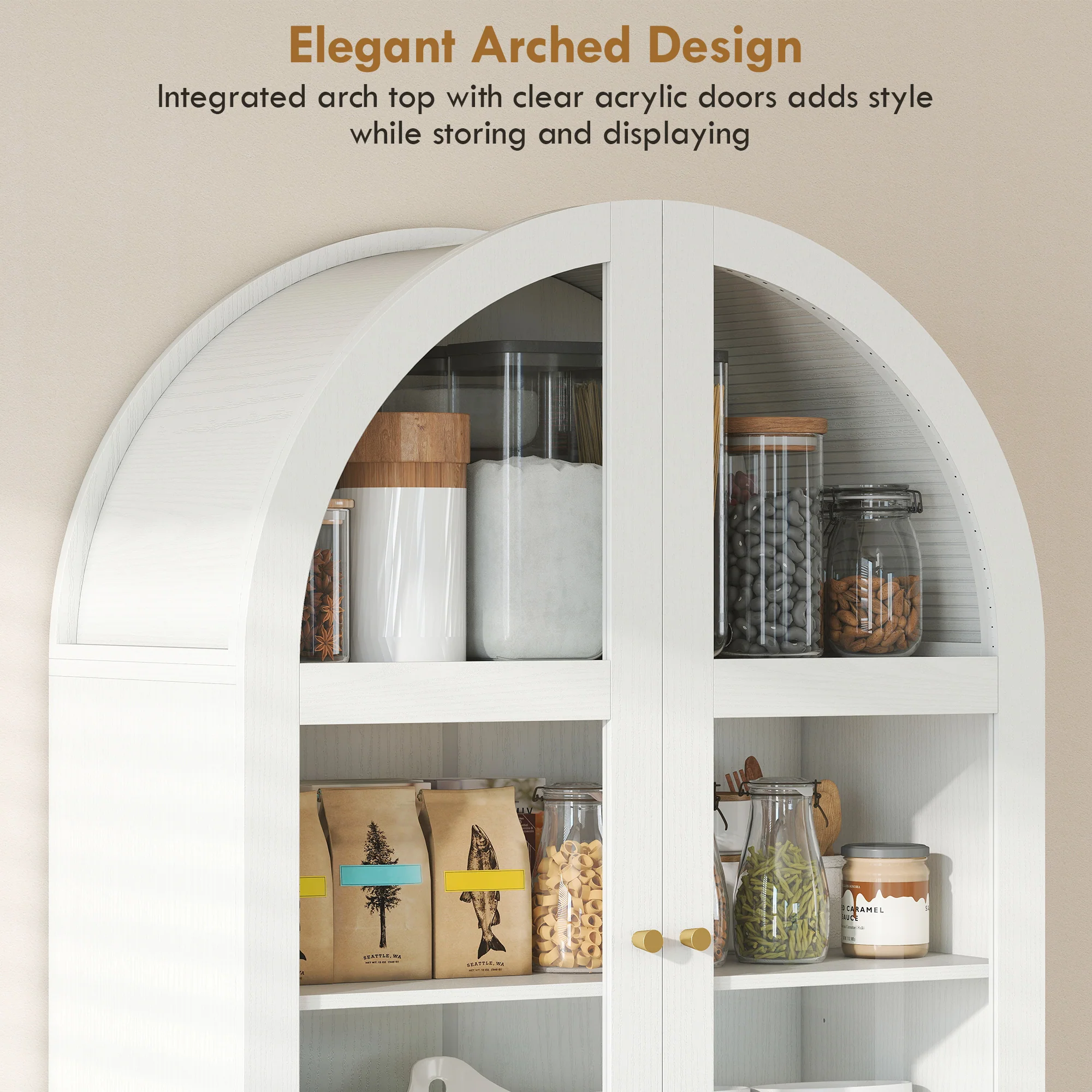 71" Tall Arched Kitchen Pantry Cabinet, Farmhouse Freestanding Kitchen Storage Cabinet with Adjustable Shelves, 2 Drawers, Acrylic Doors for Living Room, Dining Room, White - Image 6